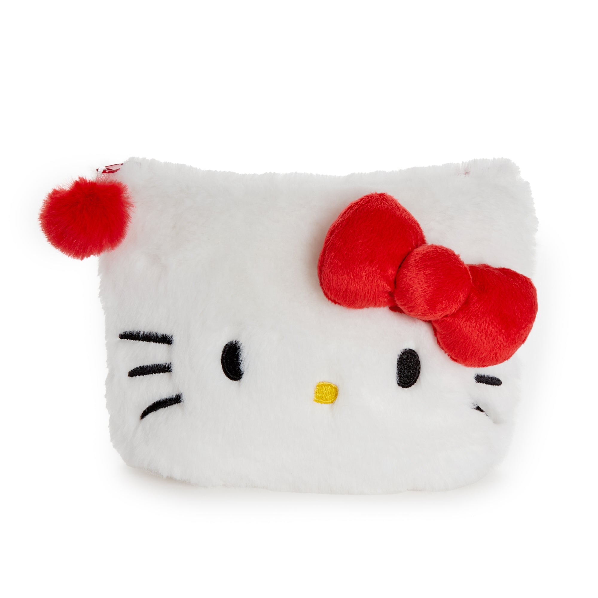 Close-up of Hello Kitty plush zipper pouch with embroidered face and signature details