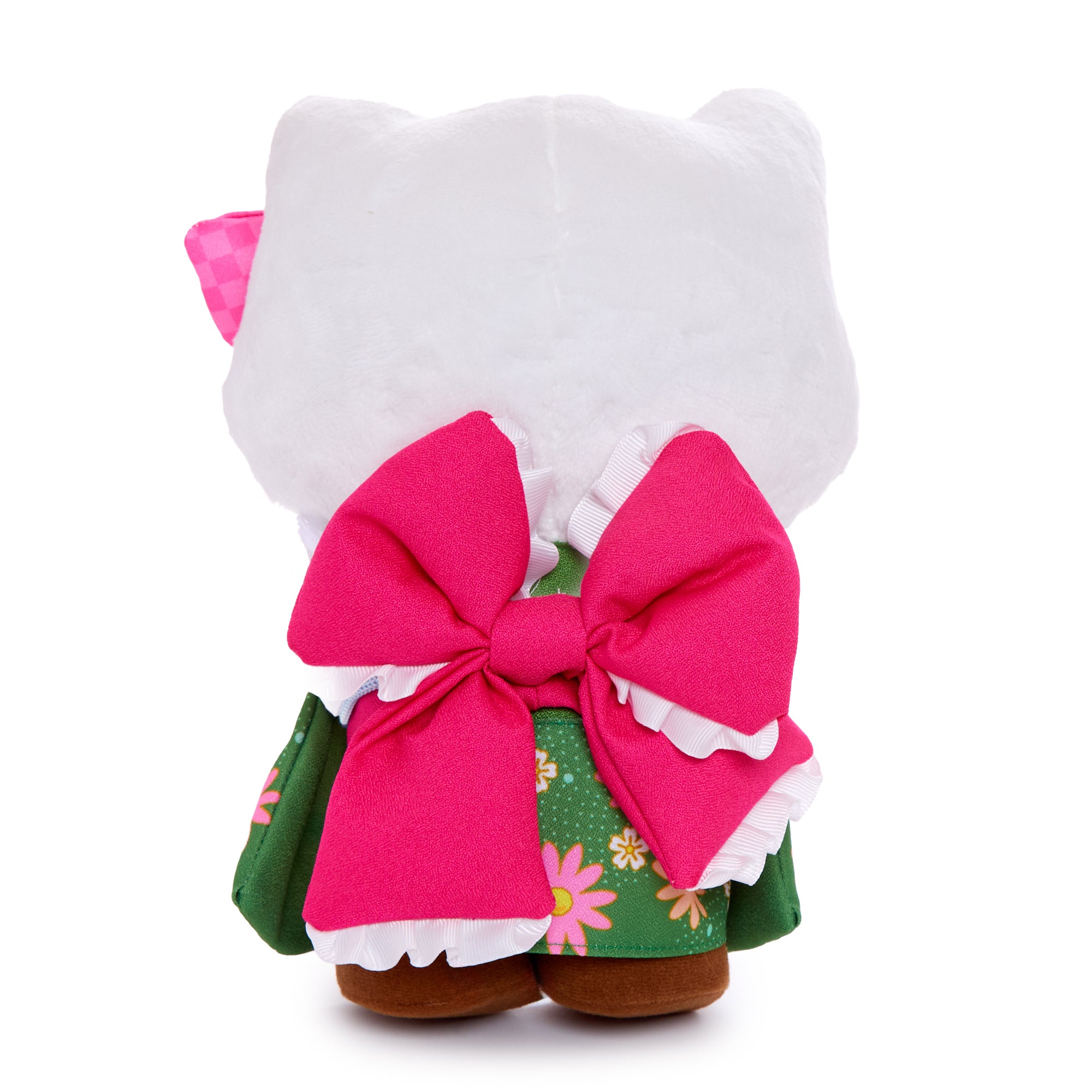 Close-up of Hello Kitty plush showing embroidered details and contrasting back bow