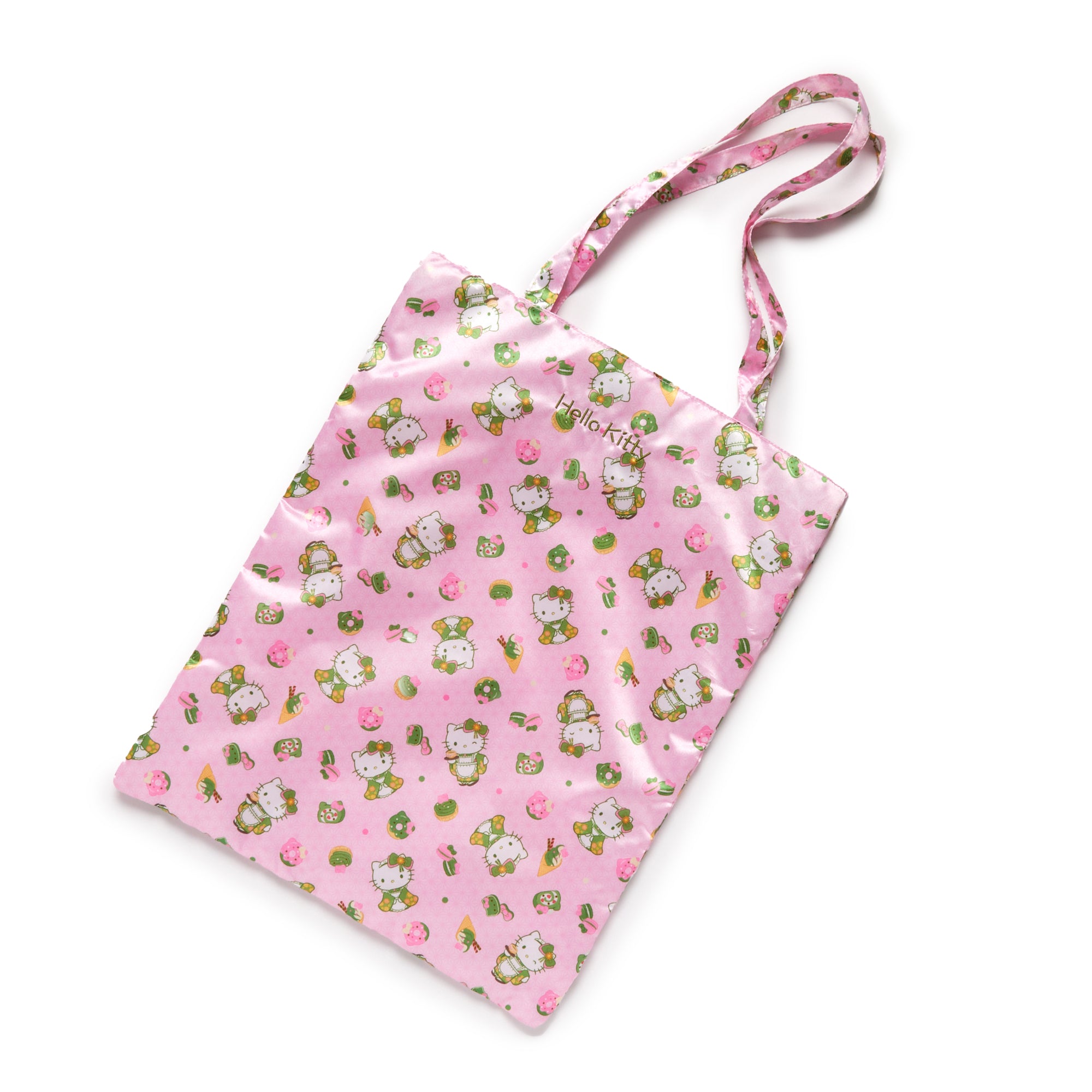 Hello Kitty tote bag with a vibrant green kimono design, perfect for daily use.