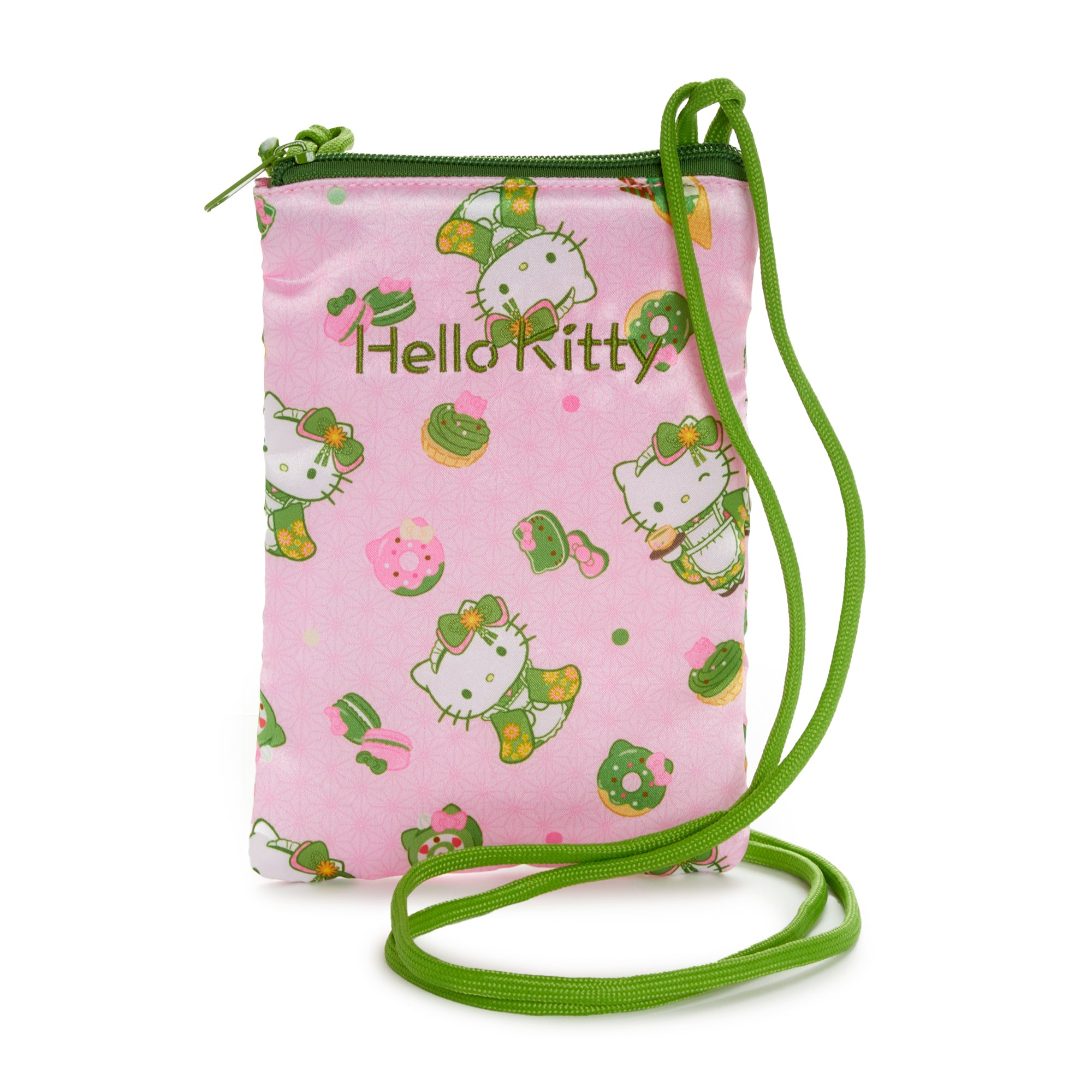 Hello Kitty crossbody bag featuring matcha sweets design from the front view