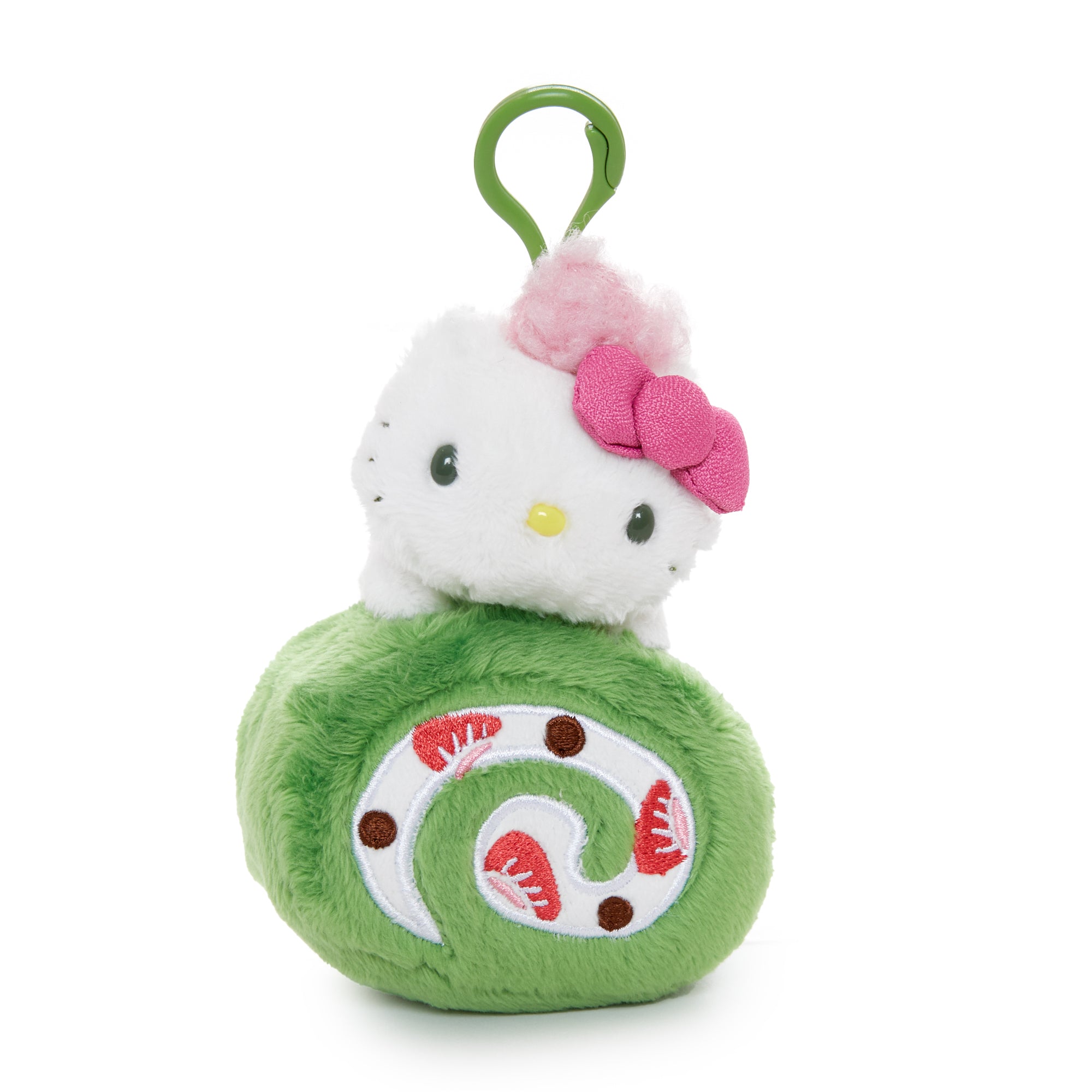 Hello Kitty plush clip with matcha sweets design attached to a backpack