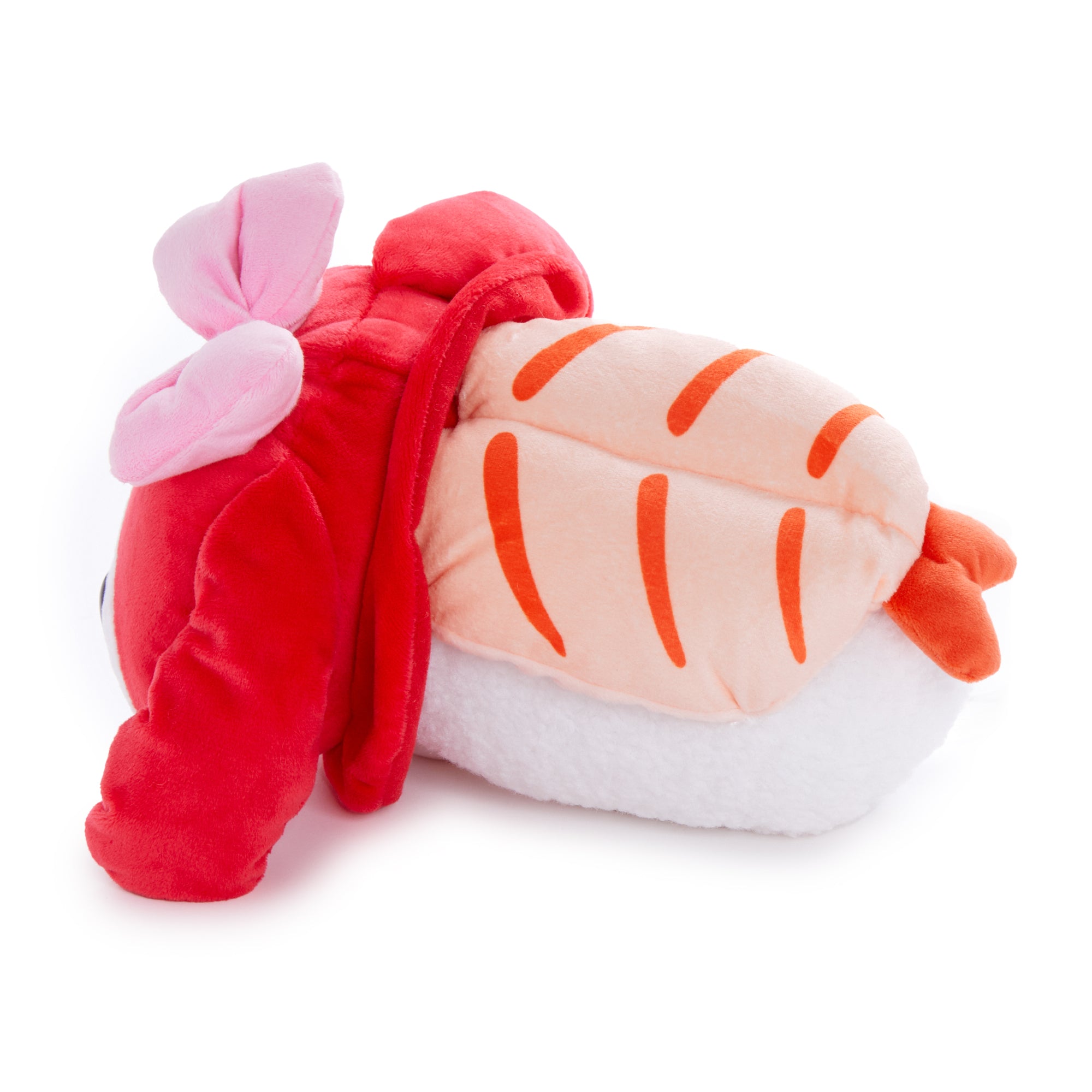 My Melody sushi plush displayed on a shelf with other Sanrio collectibles