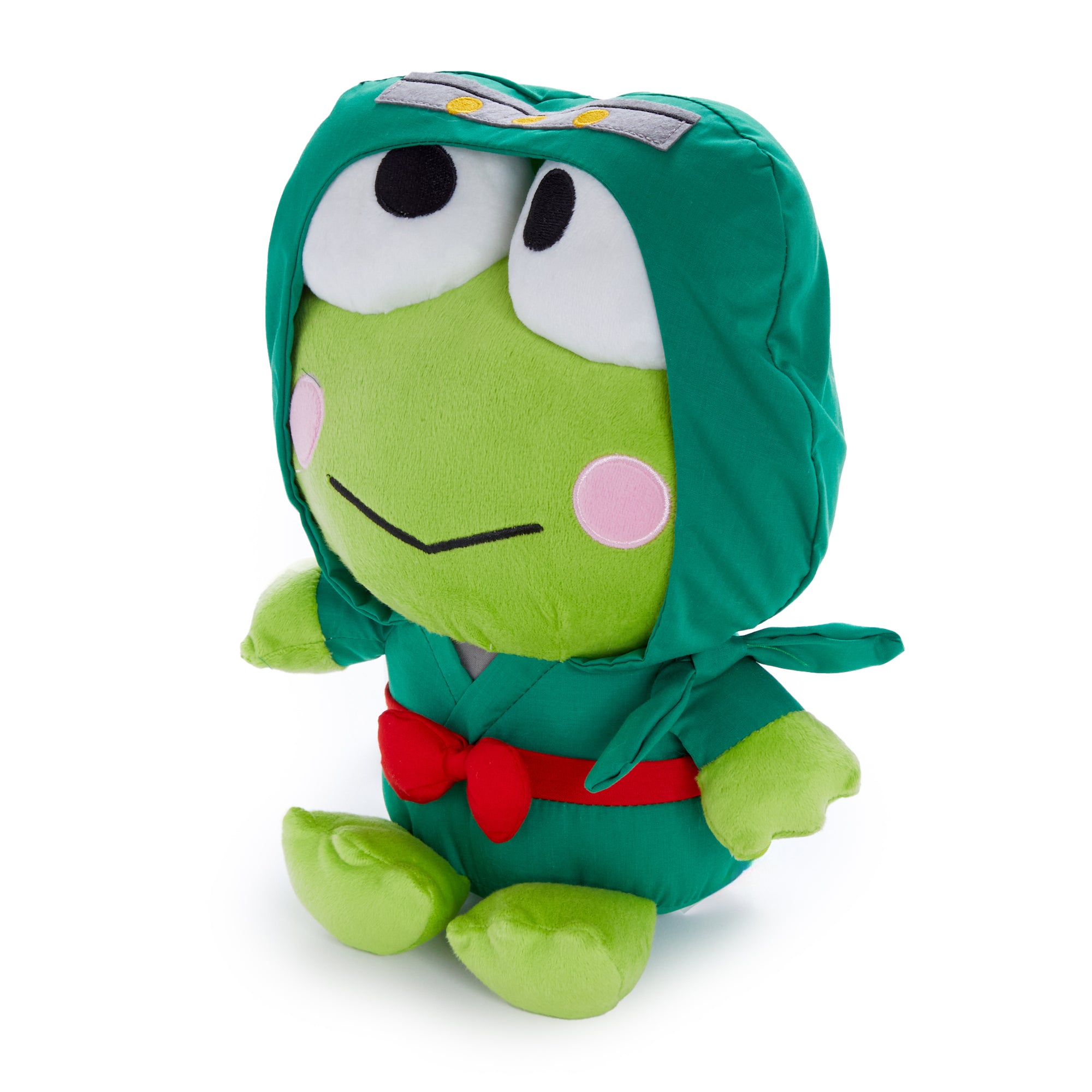 Keroppi Ninja plush toy displayed on a shelf surrounded by other plush stuffed animals.