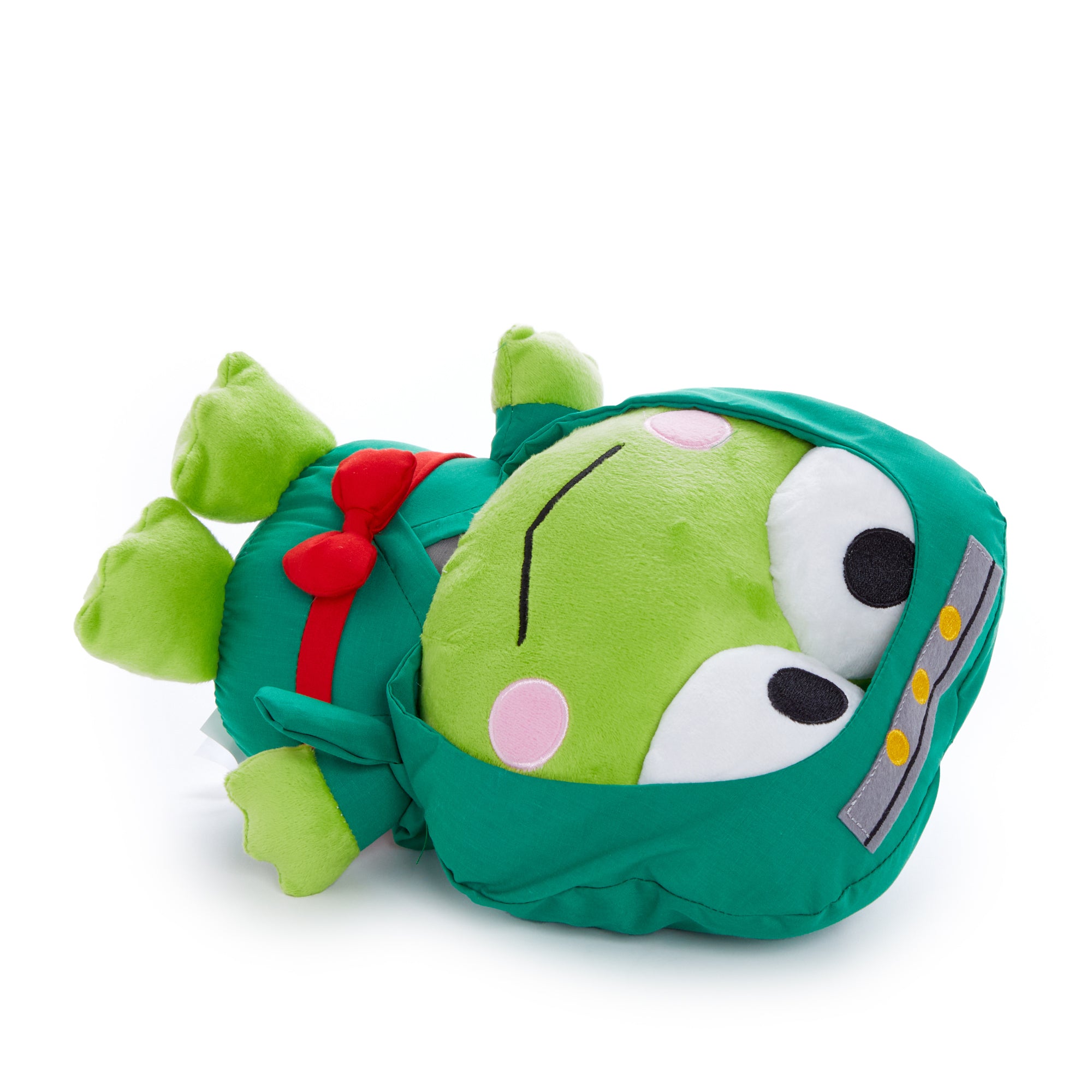 Close-up of the embroidered details on the Keroppi Ninja plush toy.
