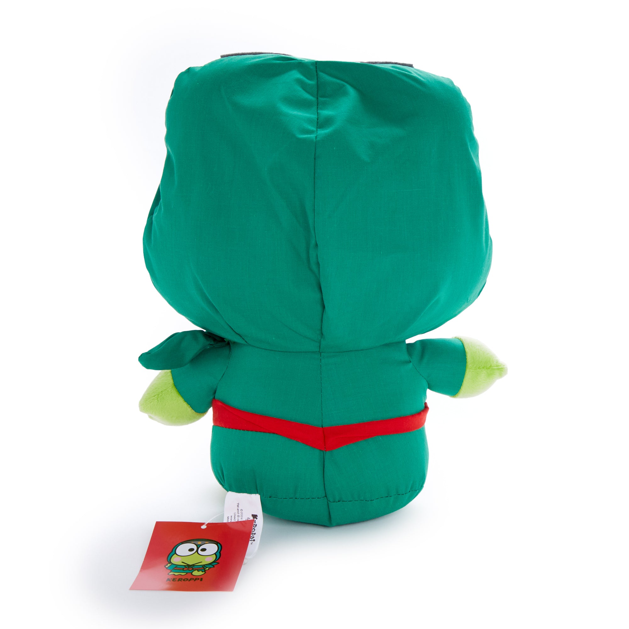 Keroppi Ninja plush toy displayed on a shelf surrounded by other plush stuffed animals.