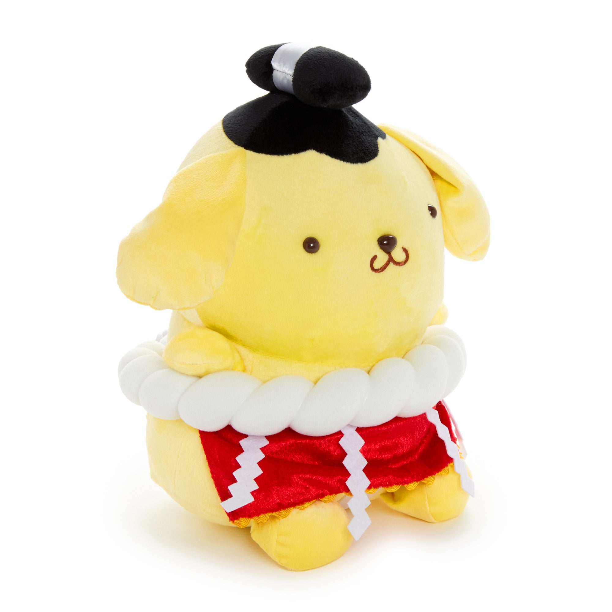 Pompompurin plush toy displayed on a shelf, highlighting its soft and colorful design.
