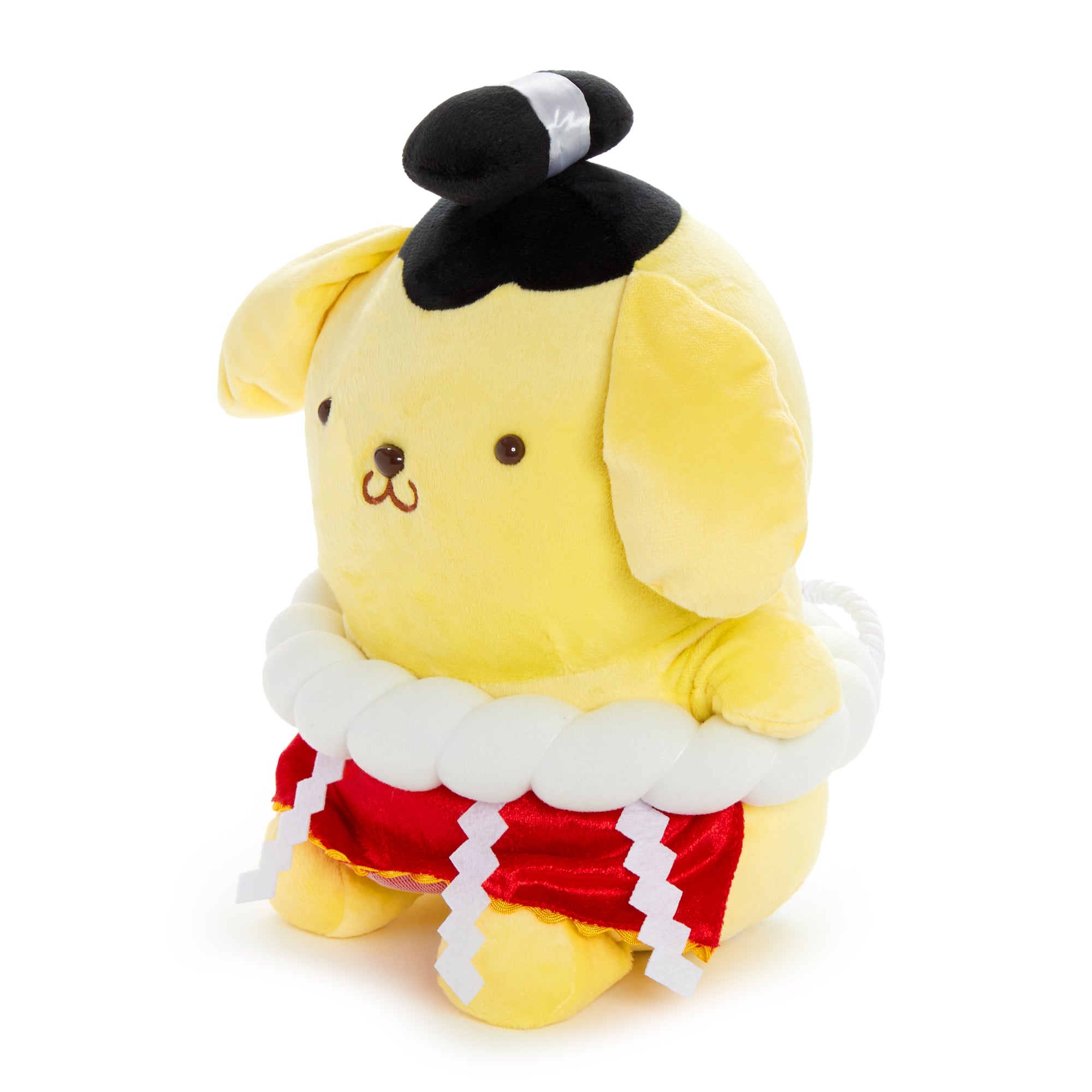 Close-up of the Pompompurin plush toys face, emphasizing its cute expression and embroidered features.