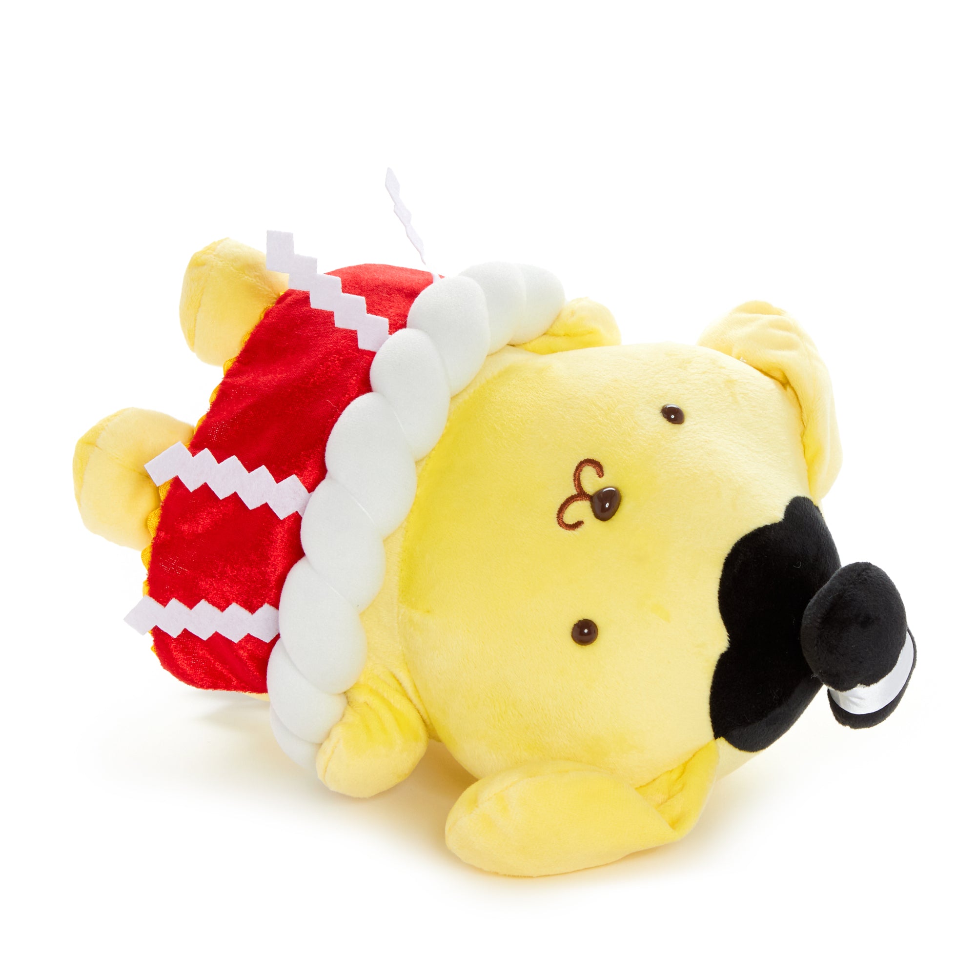 Giant Pompompurin sumo plush toy in sumo attire, showcasing intricate embroidery and appliqué details.