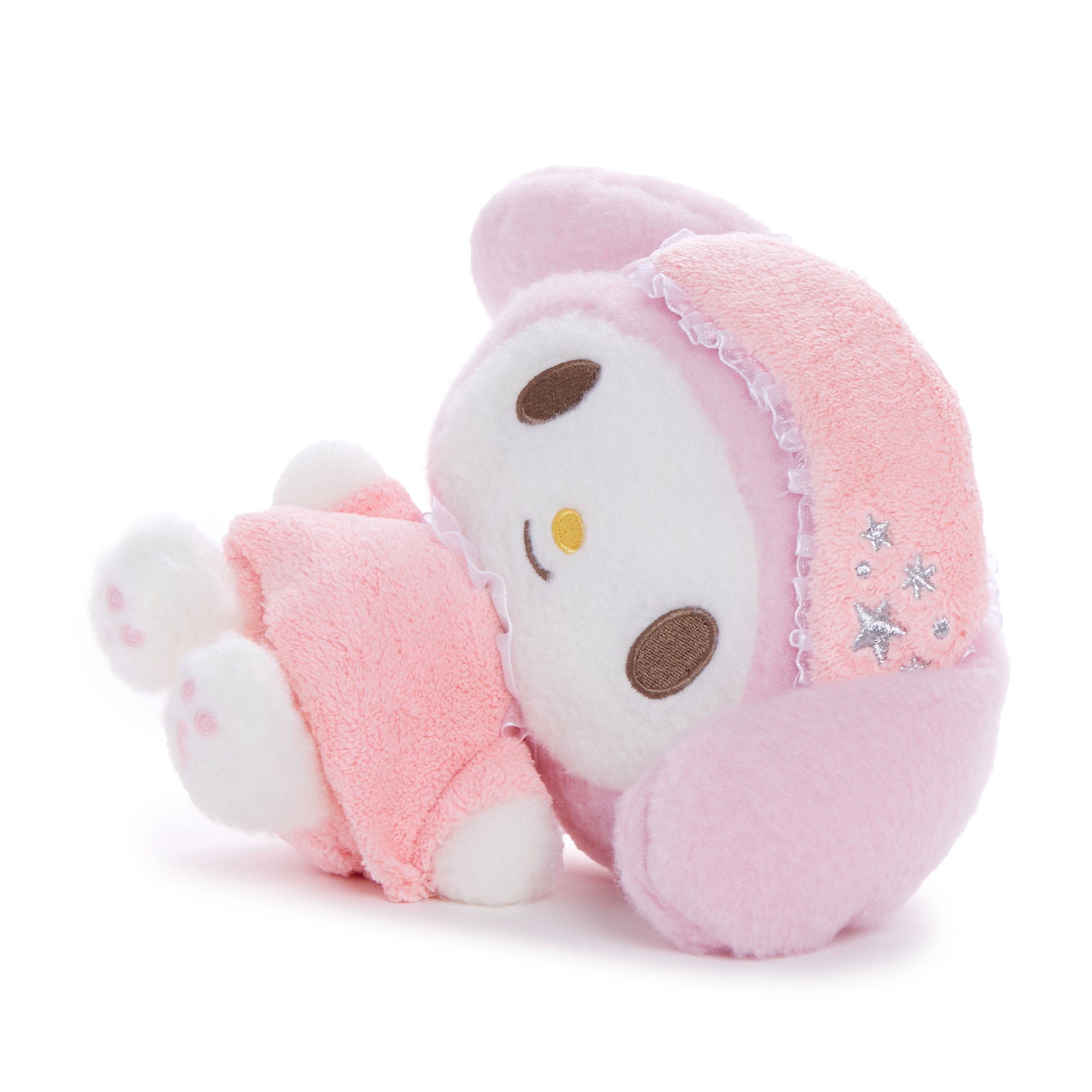 Close-up of embroidered details and matching headdress on Sanrio plush