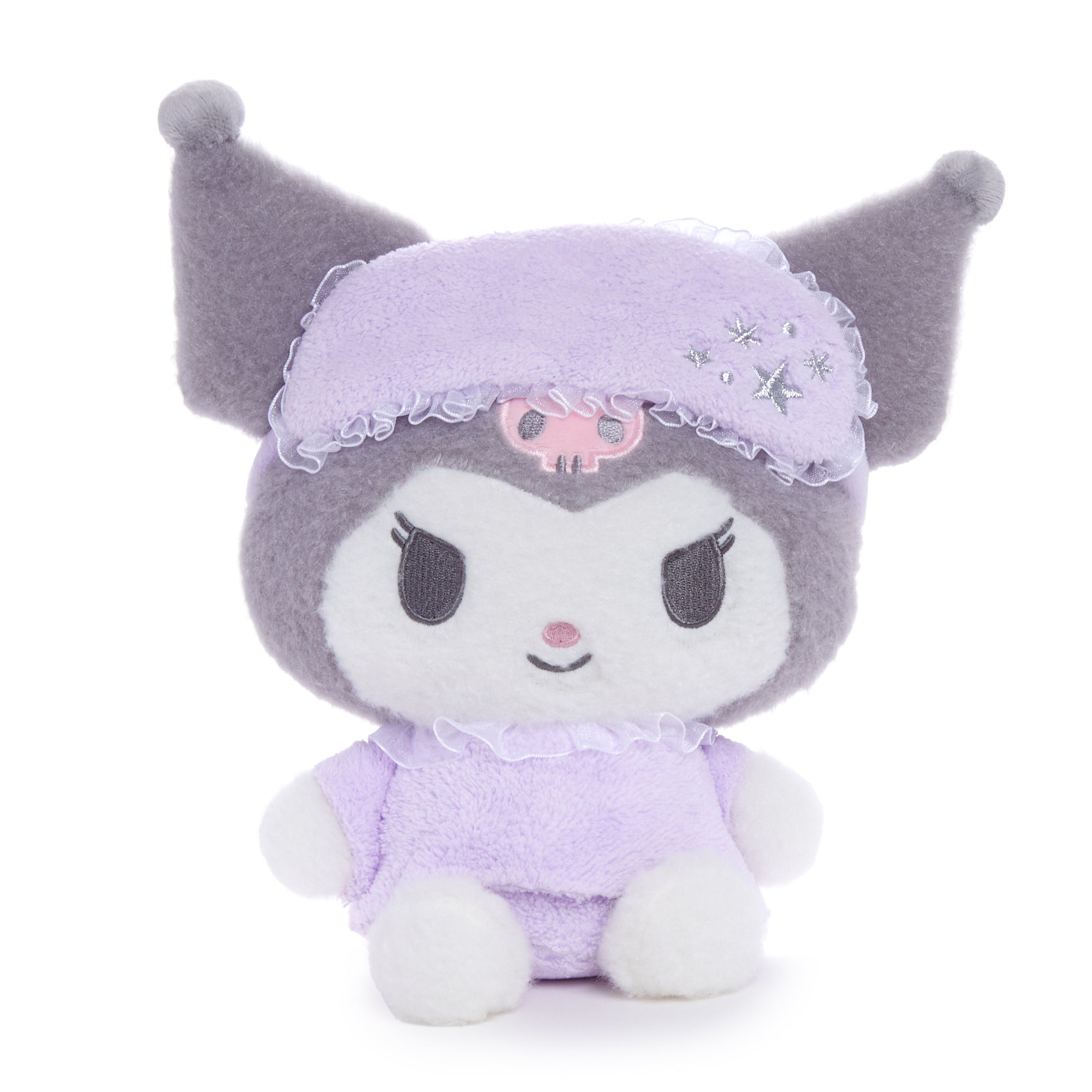Front view of Sweet Dreams Kuromi plush toy in pajamas.