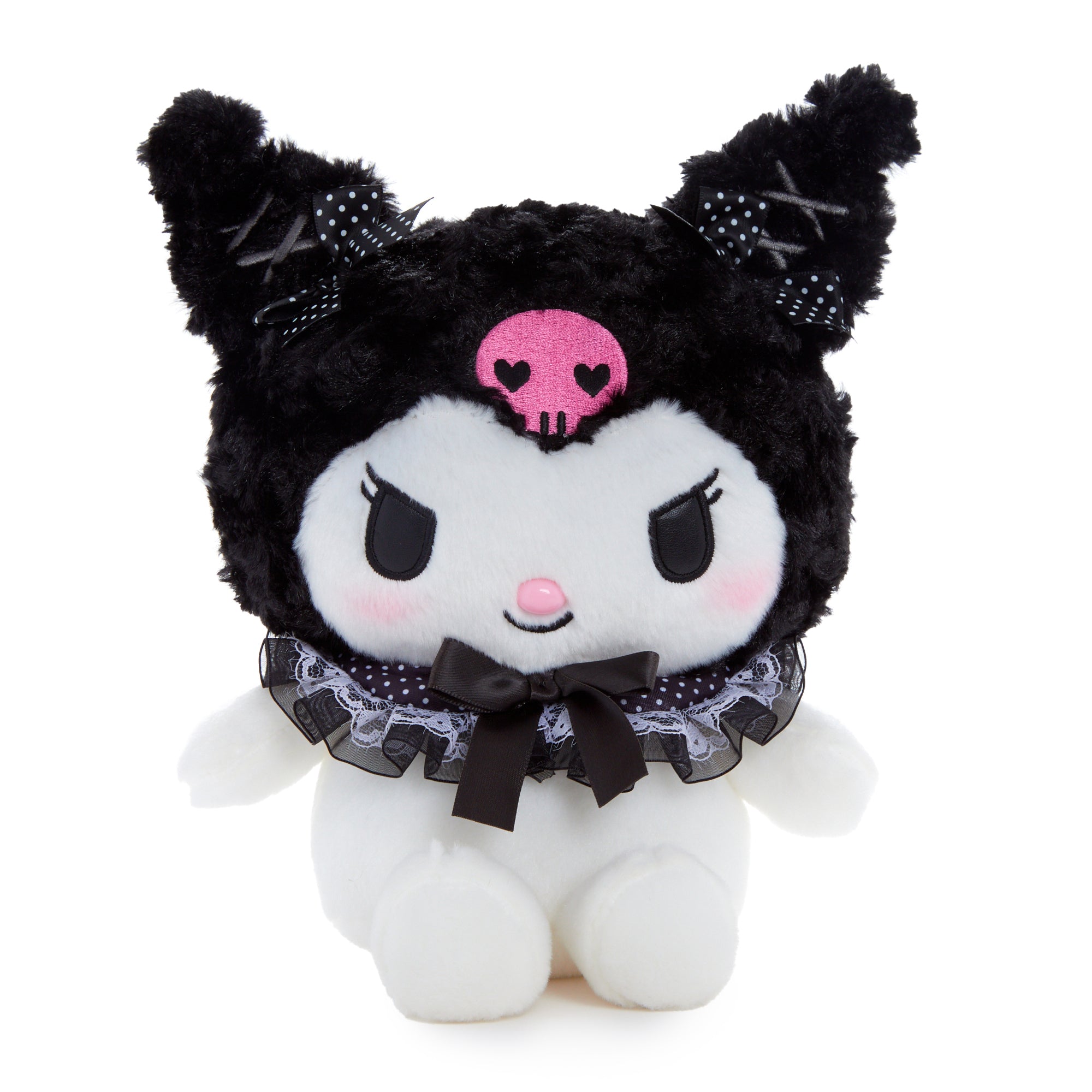Close-up of Kuromi plush face with embroidered details and dotted bow