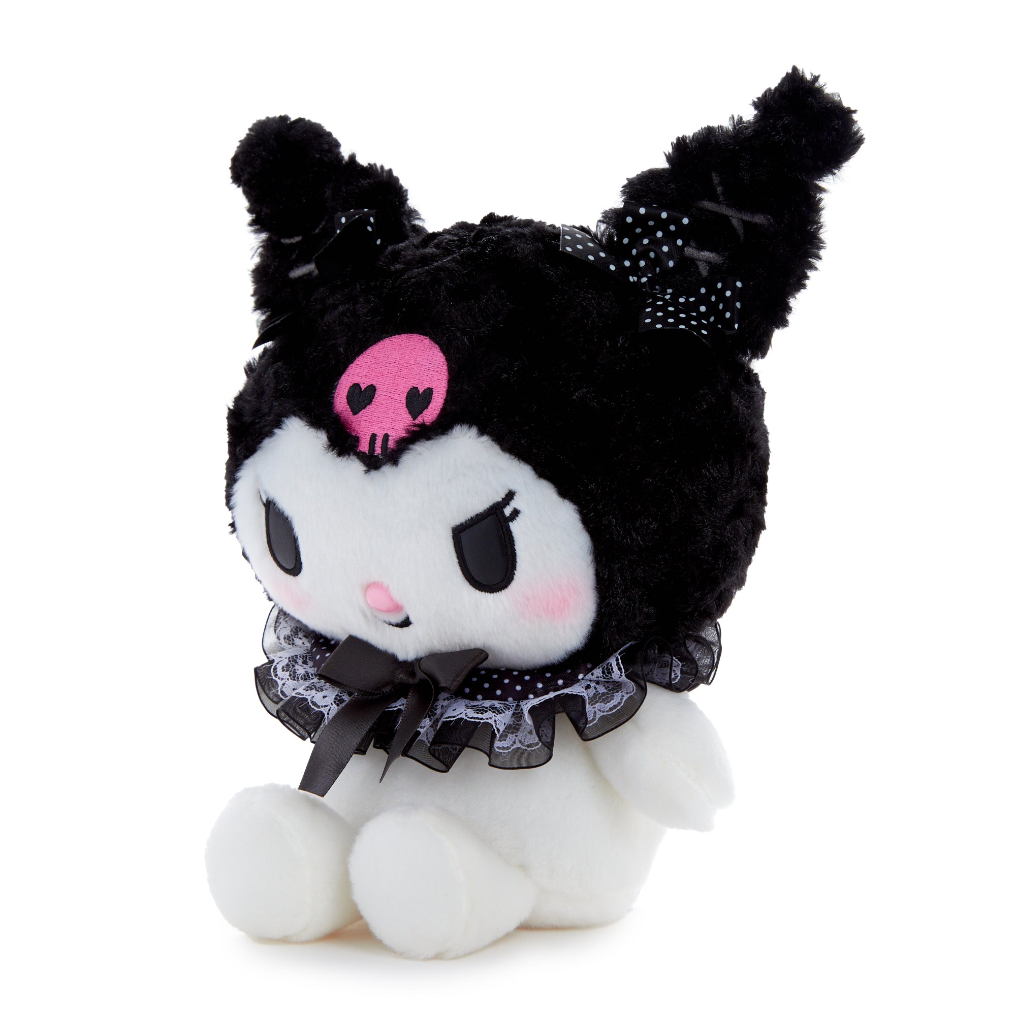 Close-up of Kuromi plush face with embroidered details and dotted bow
