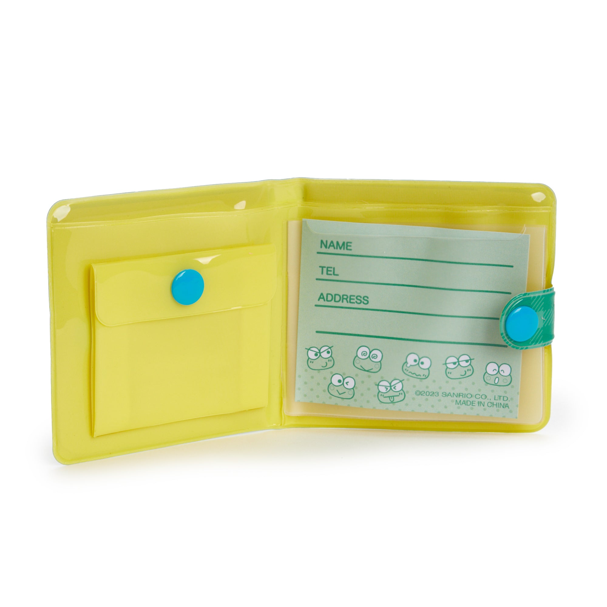 Keroppi Vinyl Snap Wallet closed, highlighting its colorful Keroppi design.