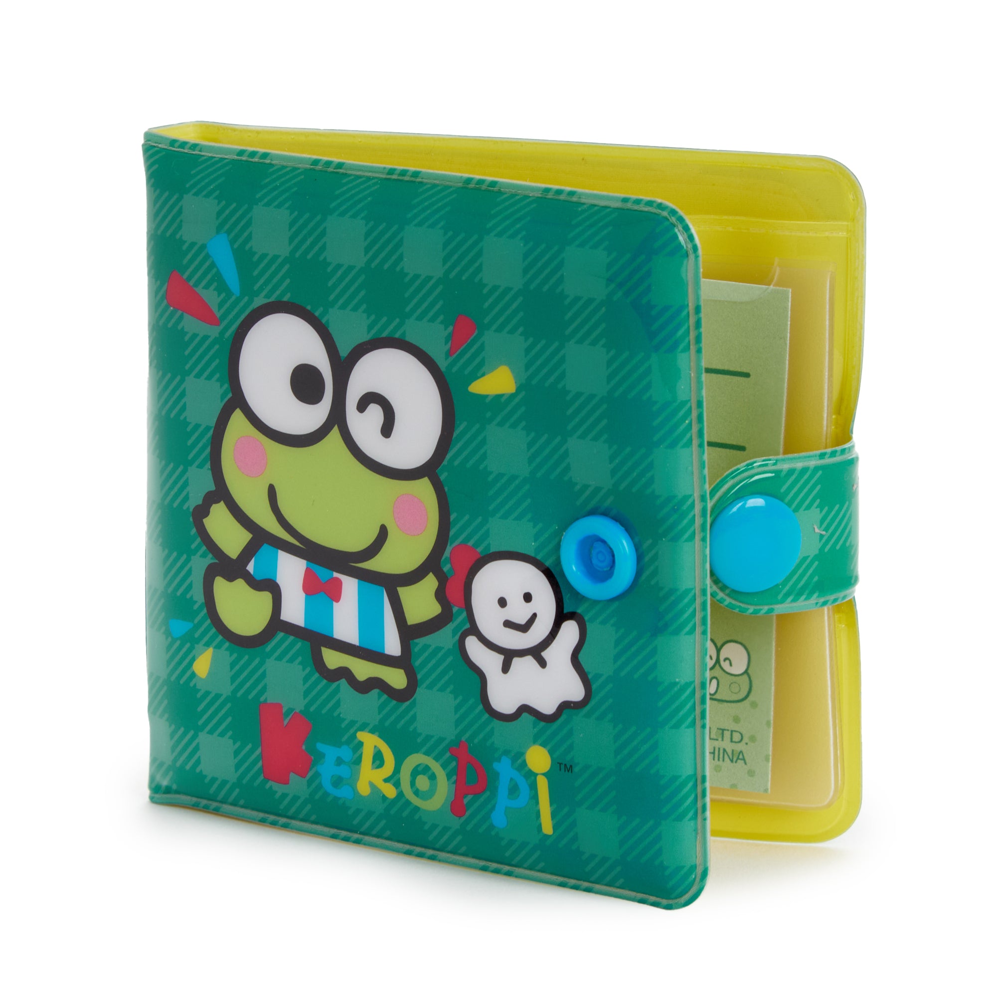 Keroppi Vinyl Snap Wallet open, showing its card slots and coin purse.