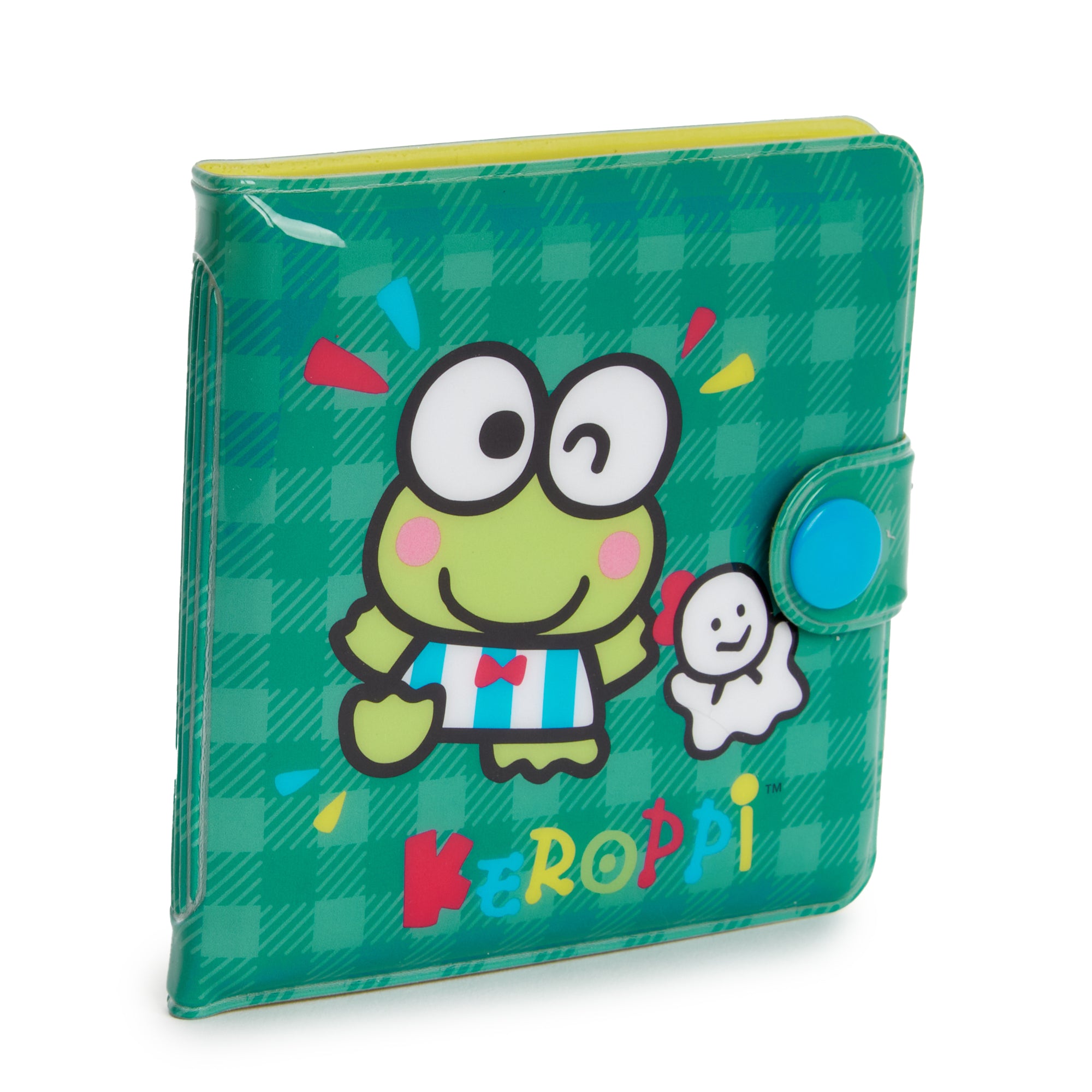 Keroppi Vinyl Snap Wallet closed, highlighting its colorful Keroppi design.