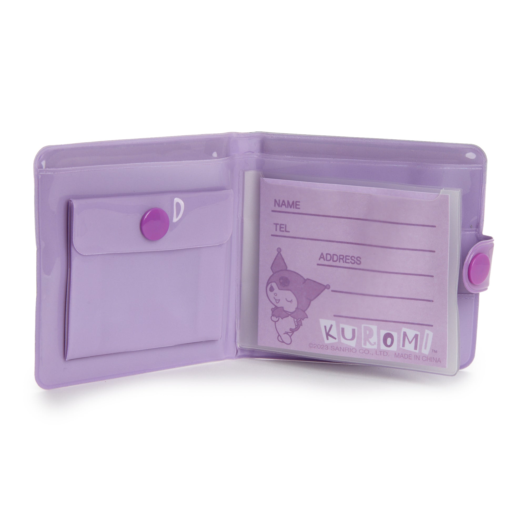 Open Kuromi snap wallet displaying card slots and coin purse