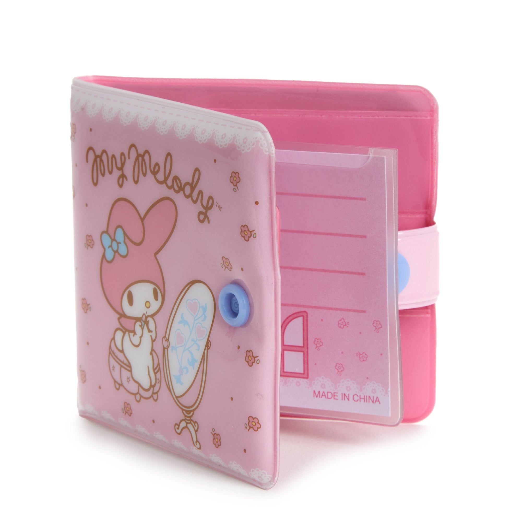 Front view of vinyl snap wallet showing My Melody print and coin pouch