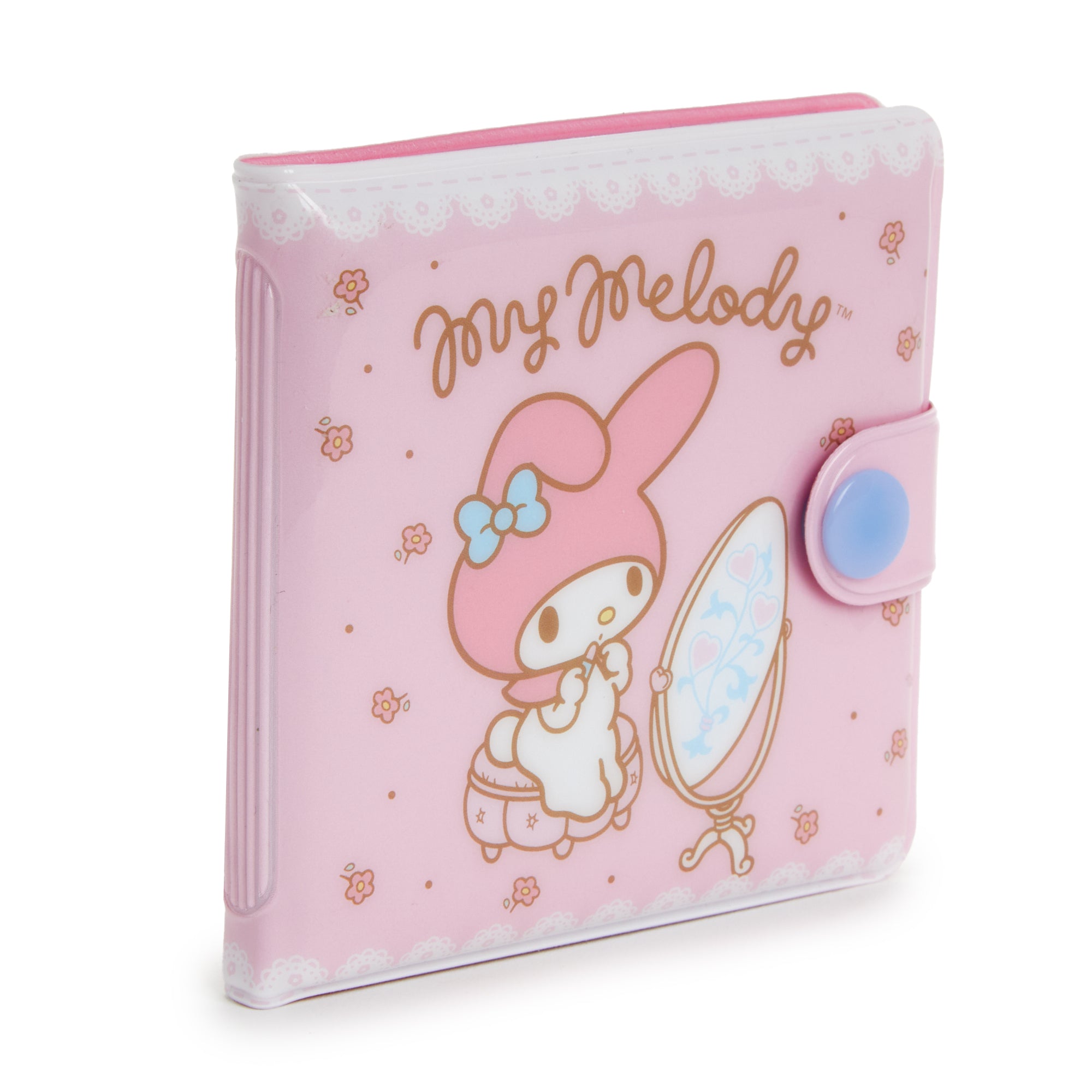 Open wallet displaying card pockets and clear ID slots with soft vinyl sheen