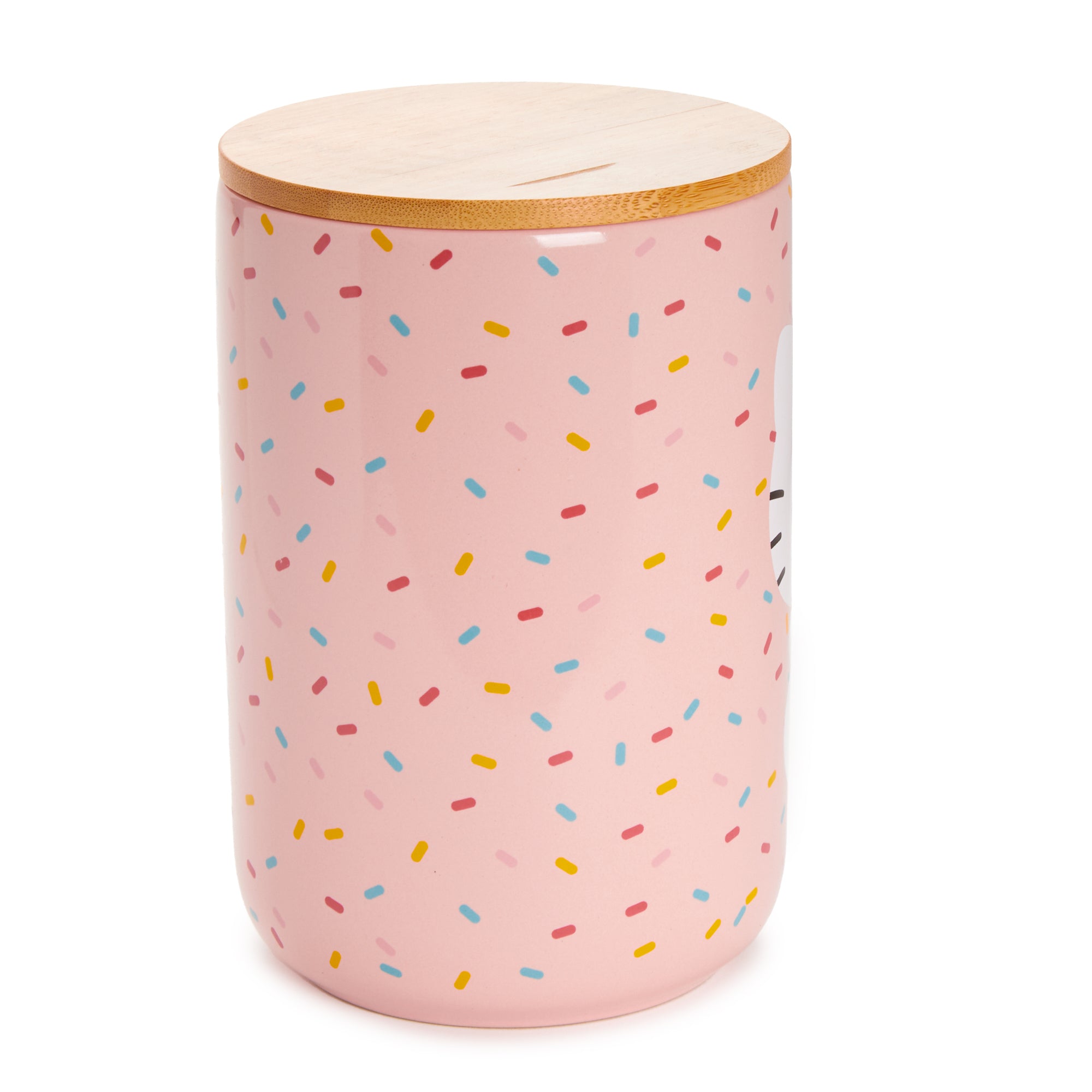 Close-up of Hello Kitty ceramic cookie jar with confetti print and bamboo lid