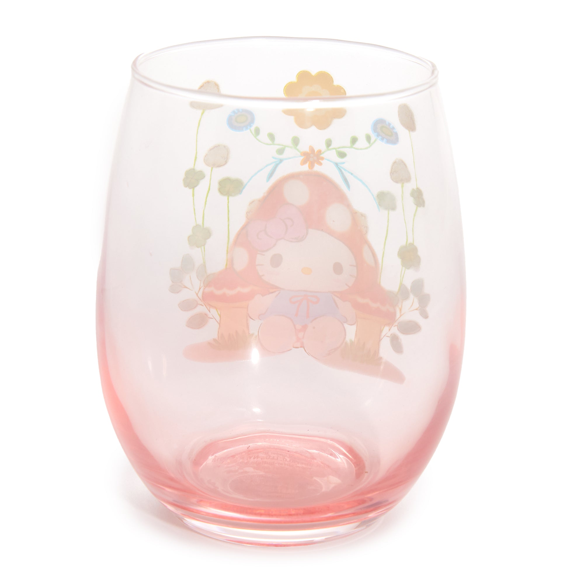Side view of the stemless wine glass tumbler with mushroom motif, ideal for casual drinking