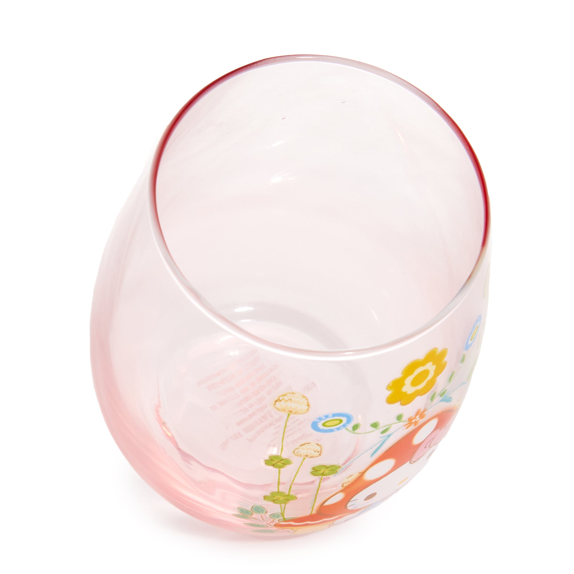 Side view of the stemless wine glass tumbler with mushroom motif, ideal for casual drinking