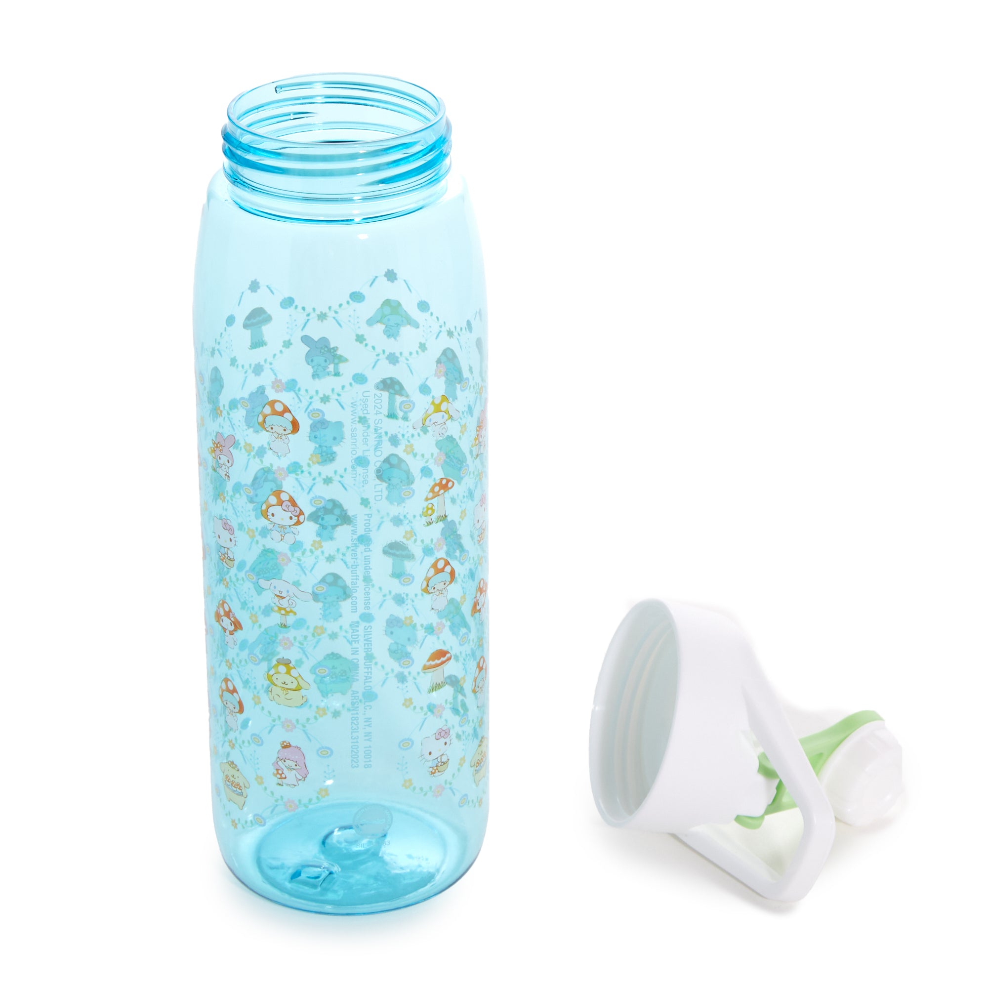 Close-up of Hello Kitty water bottle mushroom print and screw-top lid