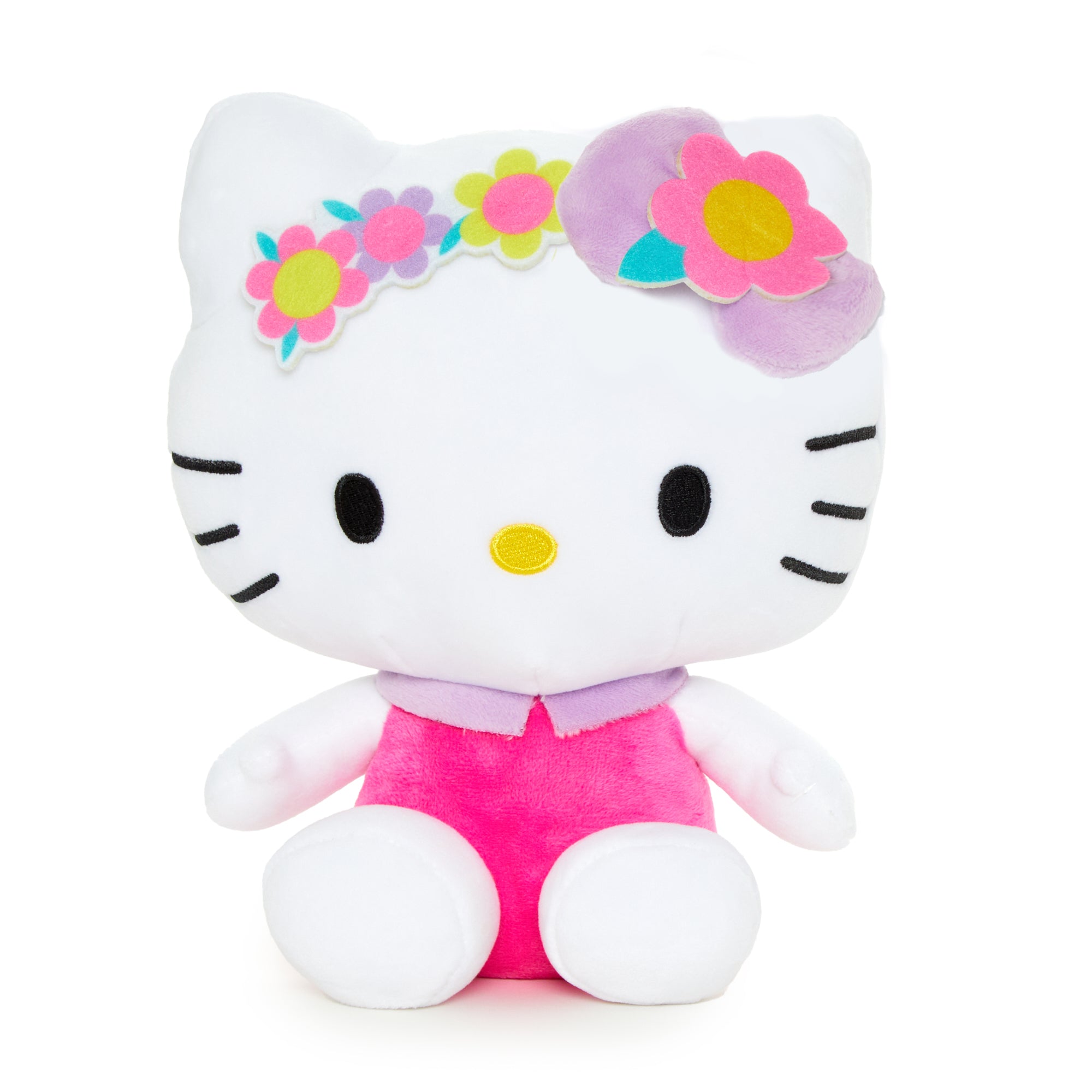 Hello Kitty plush doll with flower crown, side view.