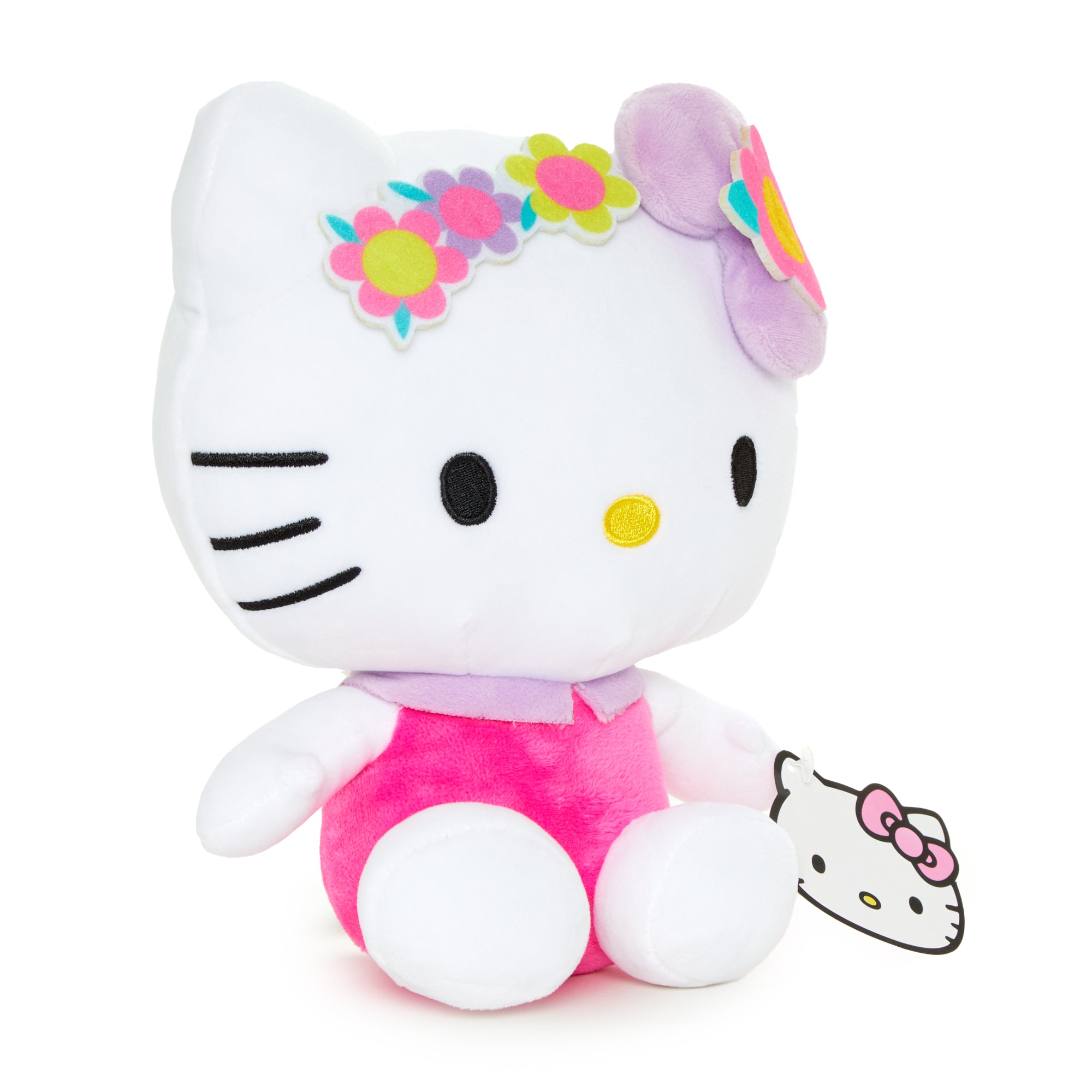 Spring-themed Hello Kitty plush with colorful flower crown.