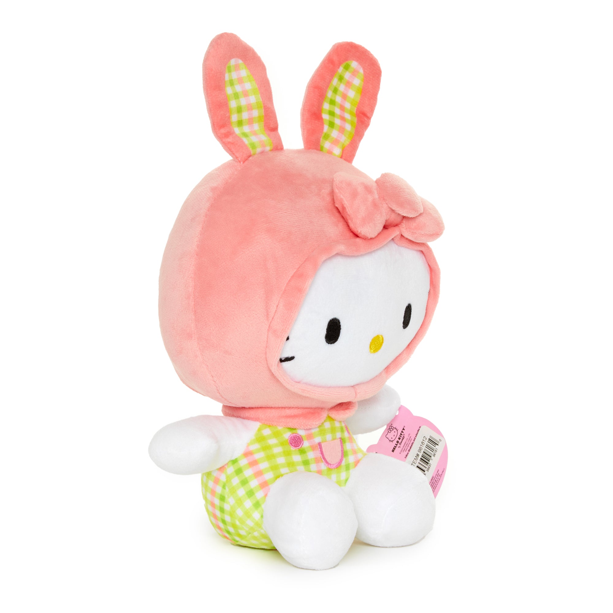 Hello Kitty 8" bunny plush toy sitting on a pastel-colored Easter basket.