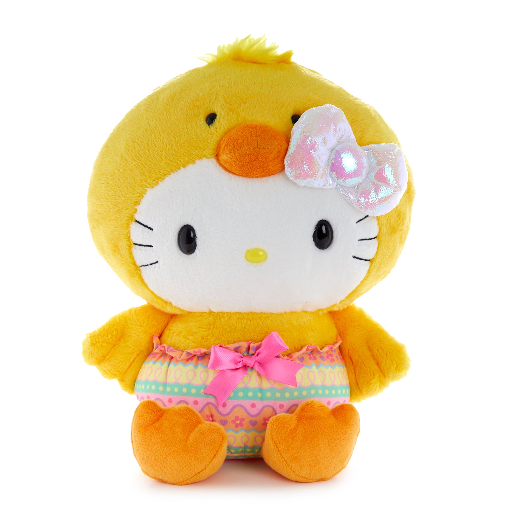 Hello Kitty Easter chick plush front view, showcasing embroidered details and festive costume.