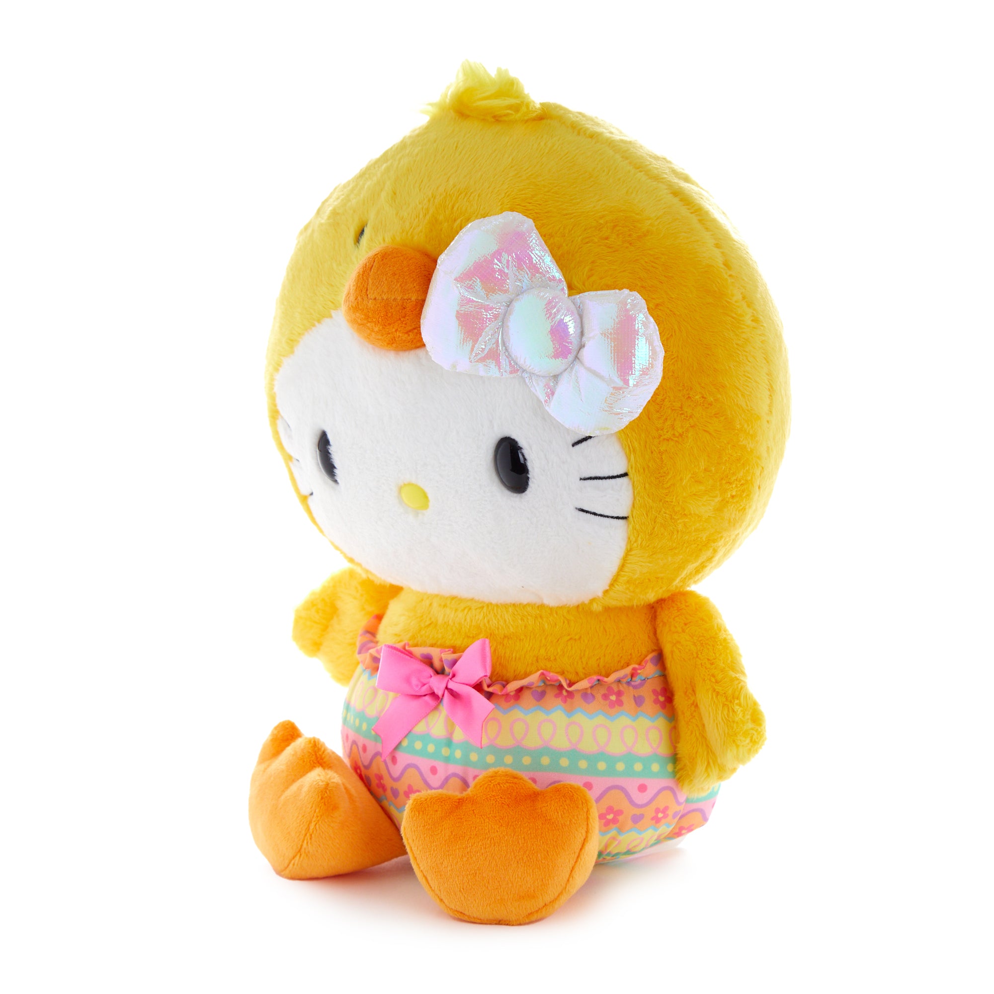 Side view of Hello Kitty spring plush, highlighting metallic accents and resin eyes.
