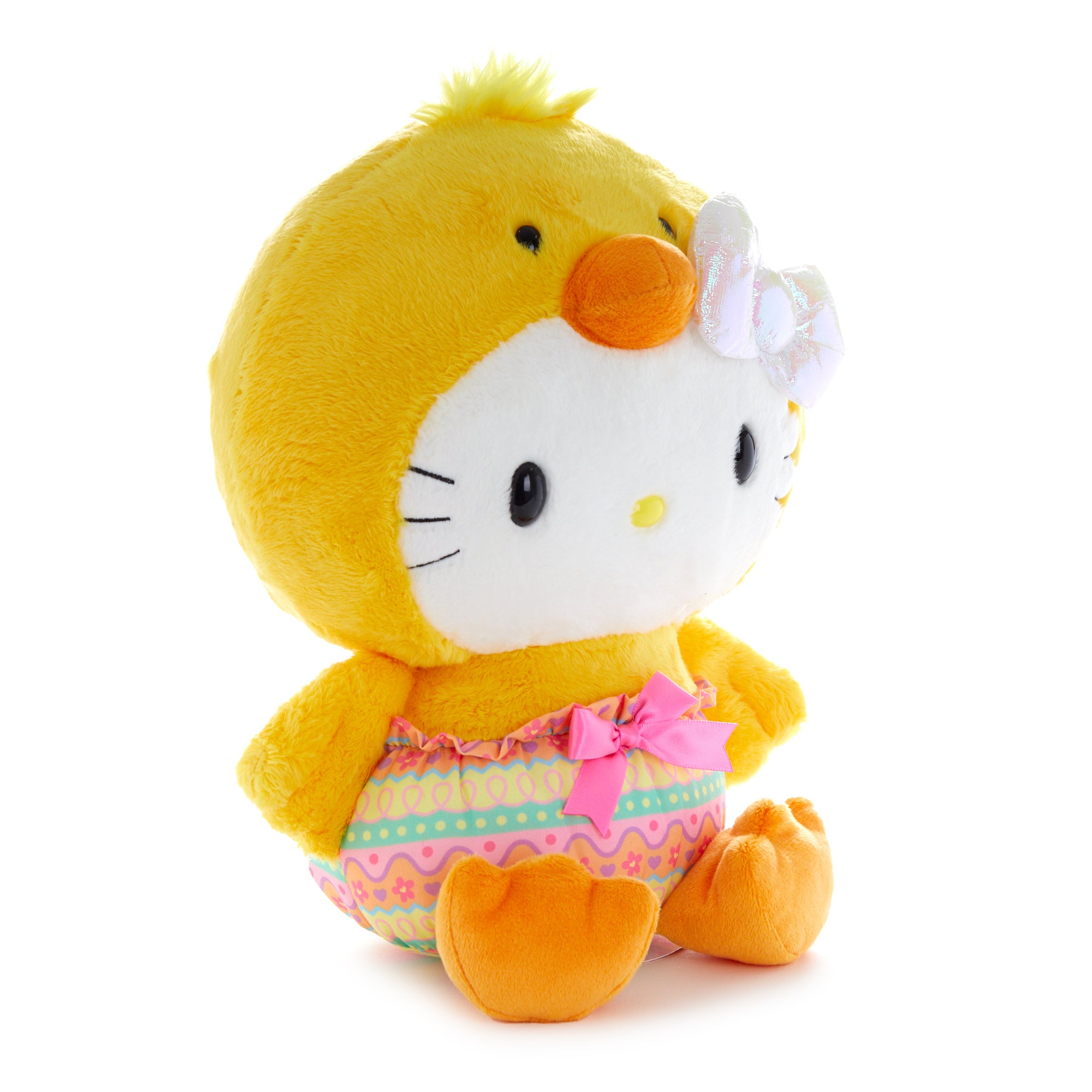 Hello Kitty Easter chick plush front view, showcasing embroidered details and festive costume.