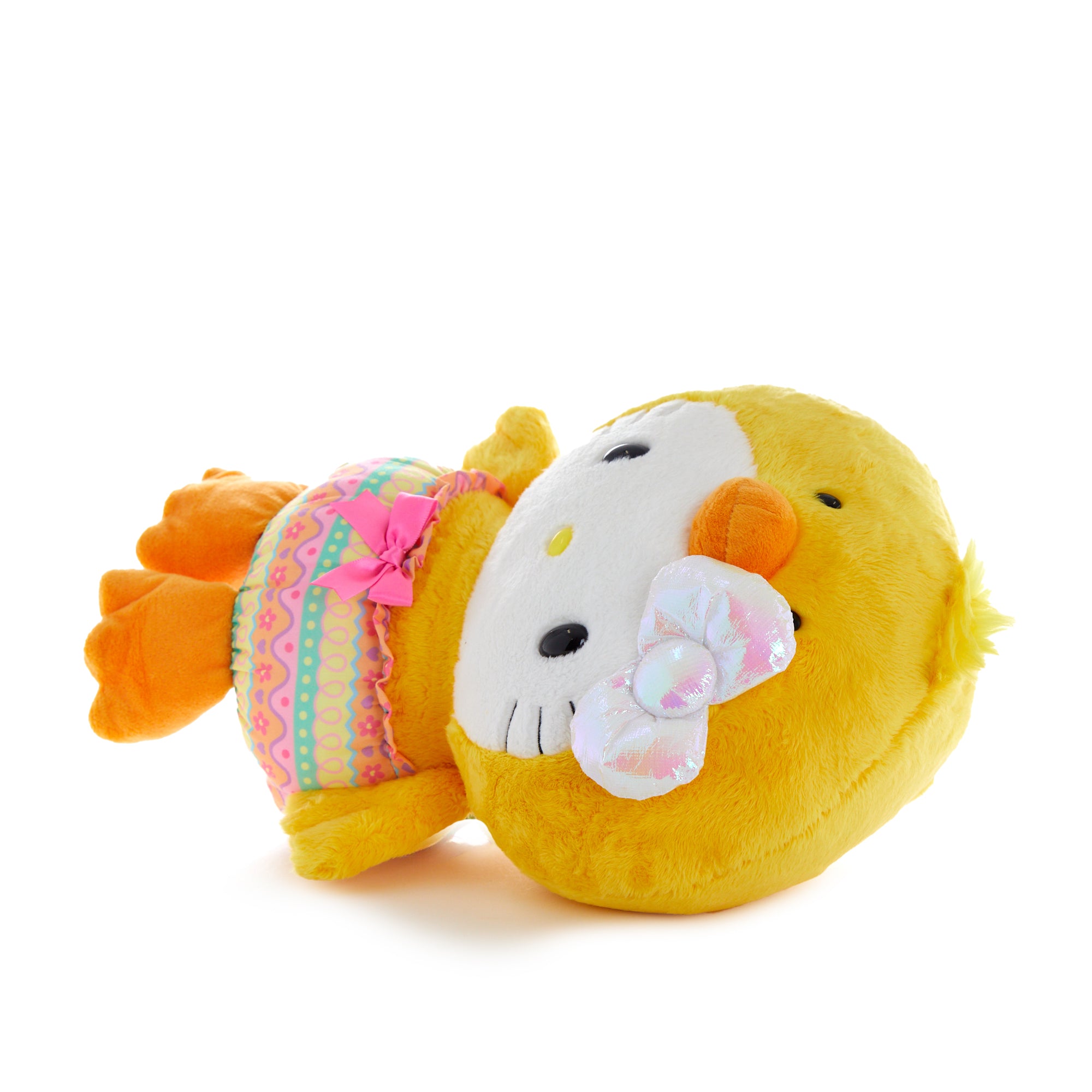 Side view of Hello Kitty spring plush, highlighting metallic accents and resin eyes.