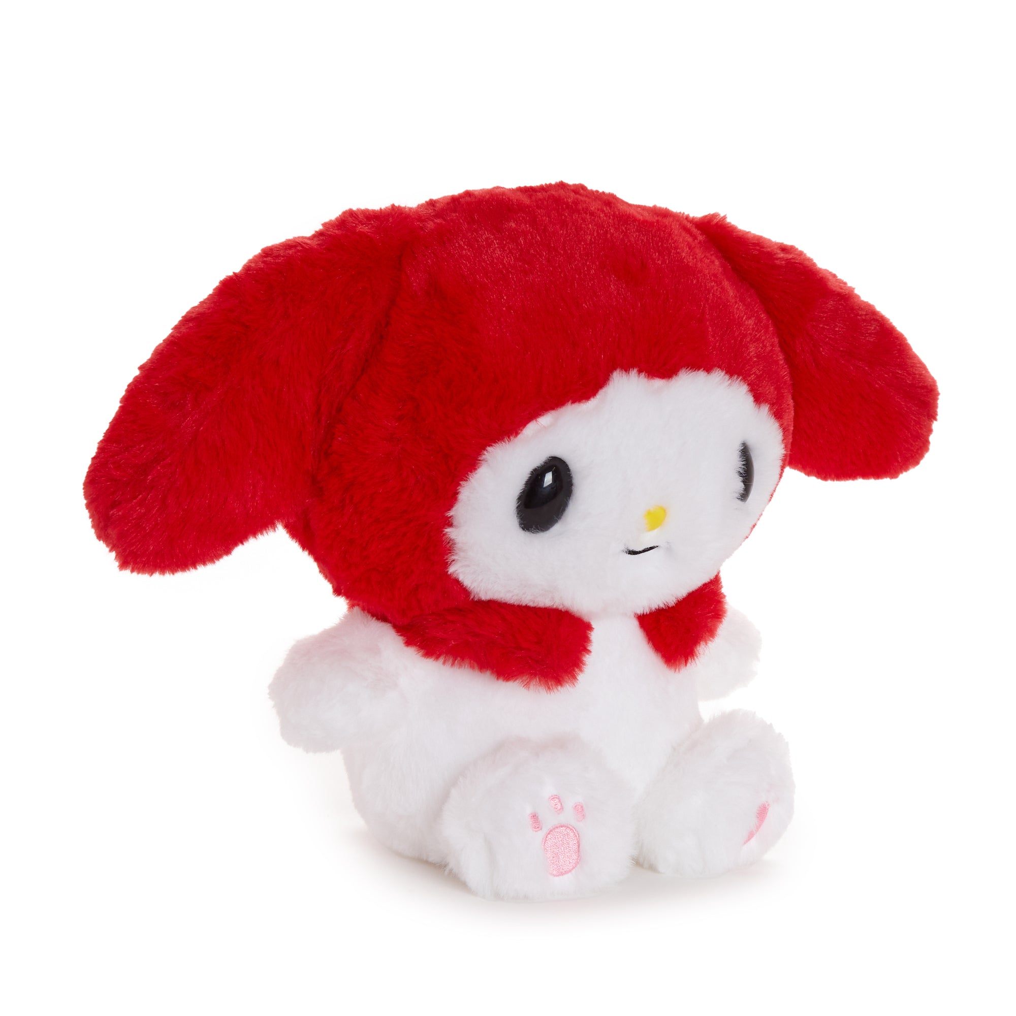 Close-up of My Melody plush toys embroidered paw prints and resin eyes.