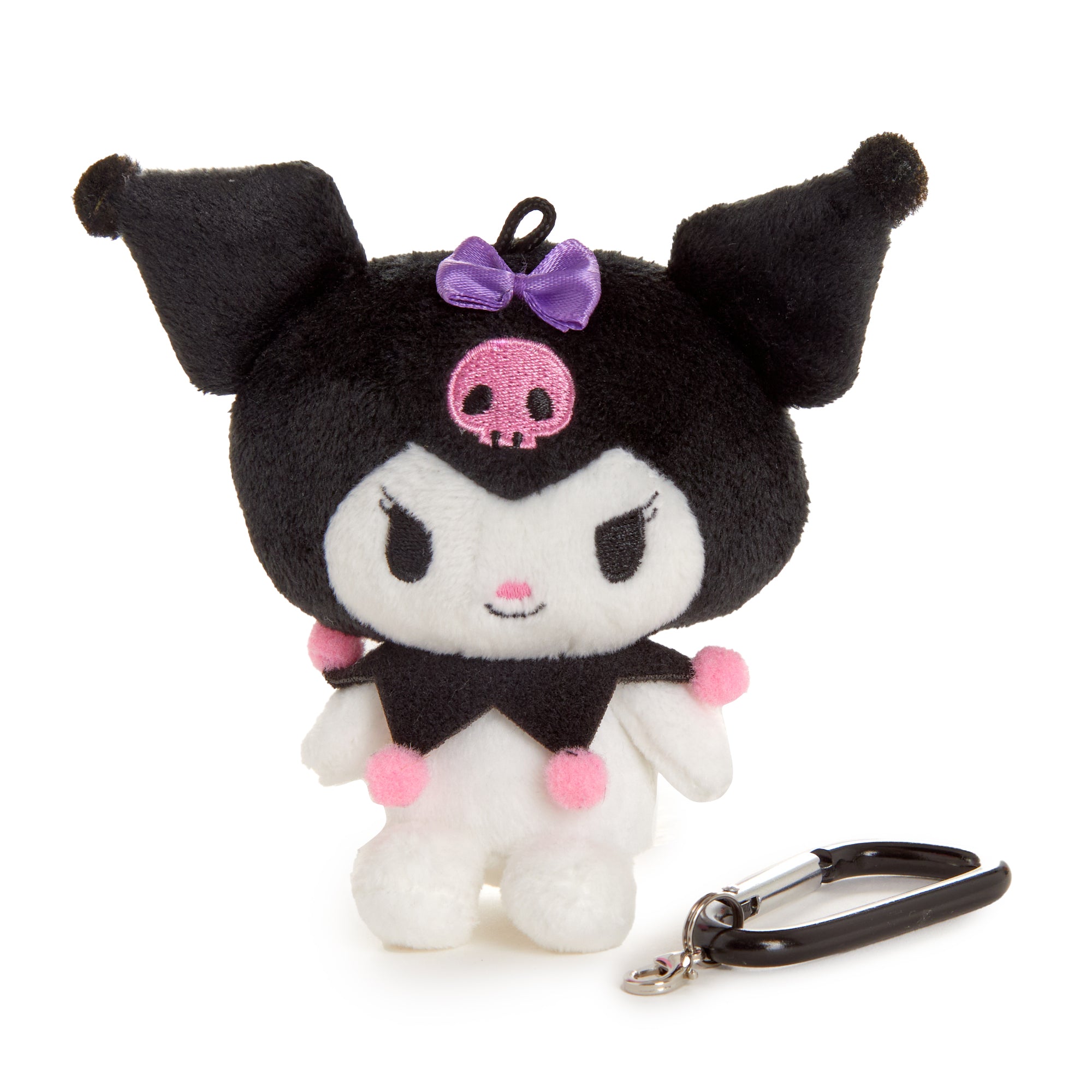 Close-up of Kuromi mascot plush with carabiner clip