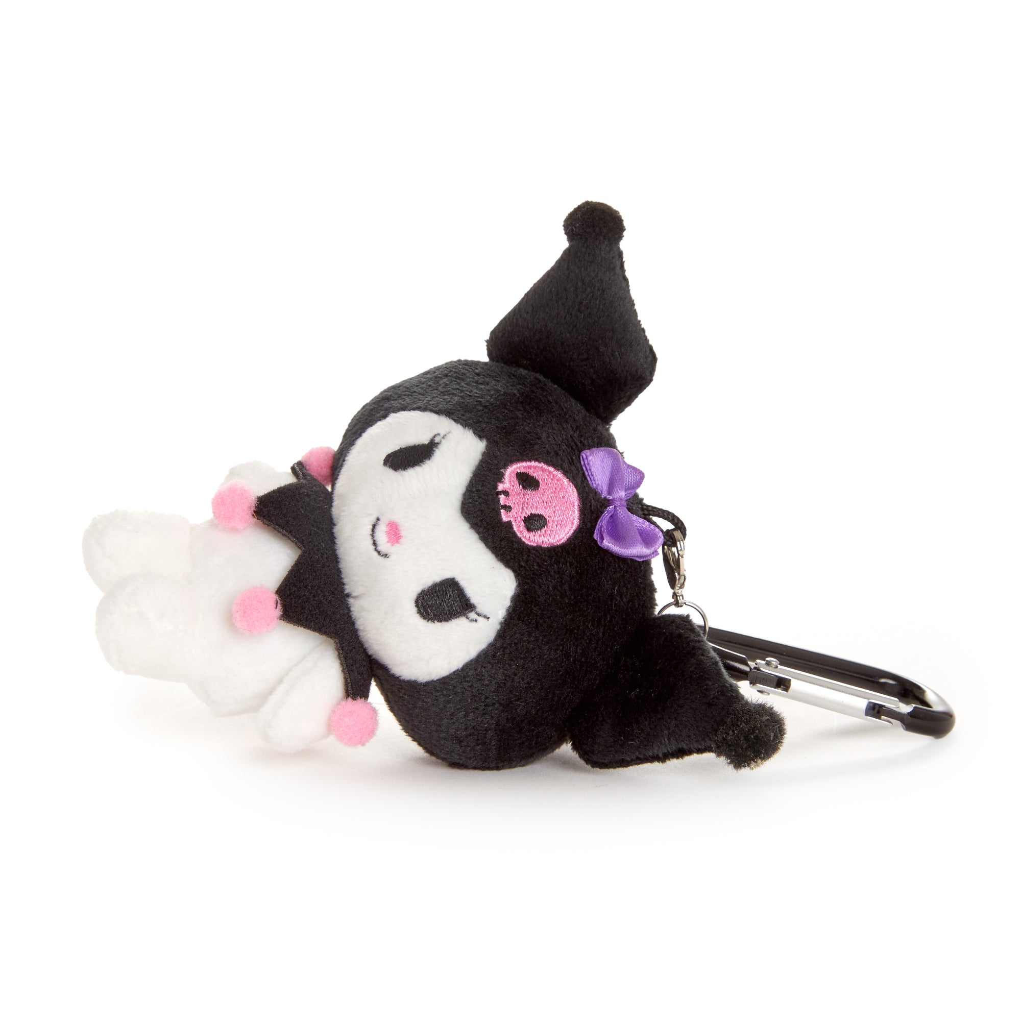 Close-up of Kuromi mascot plush with carabiner clip