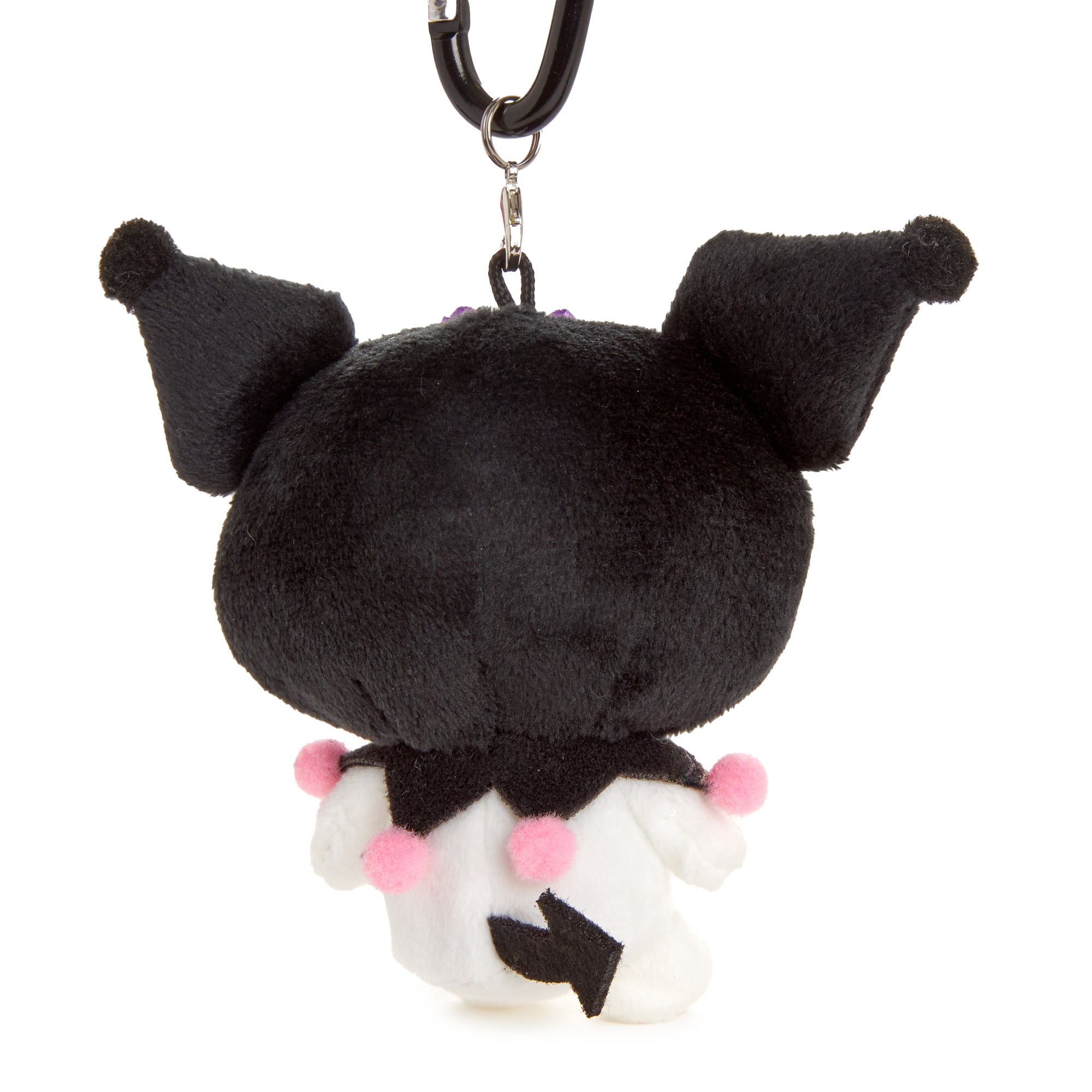 Kuromi plush keychain on a backpack strap, showing its durability
