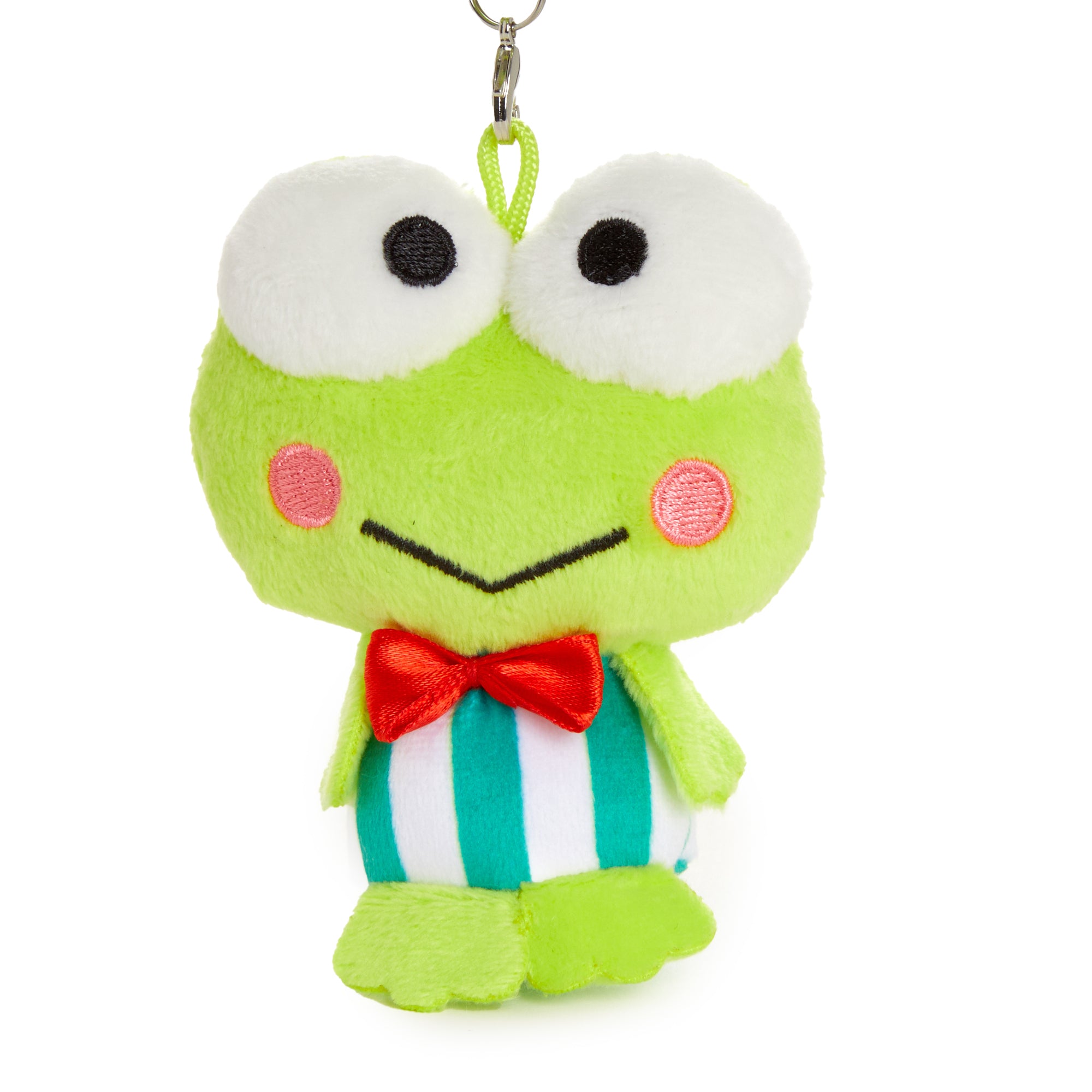 Keroppi plush toy with carabiner in a backpack