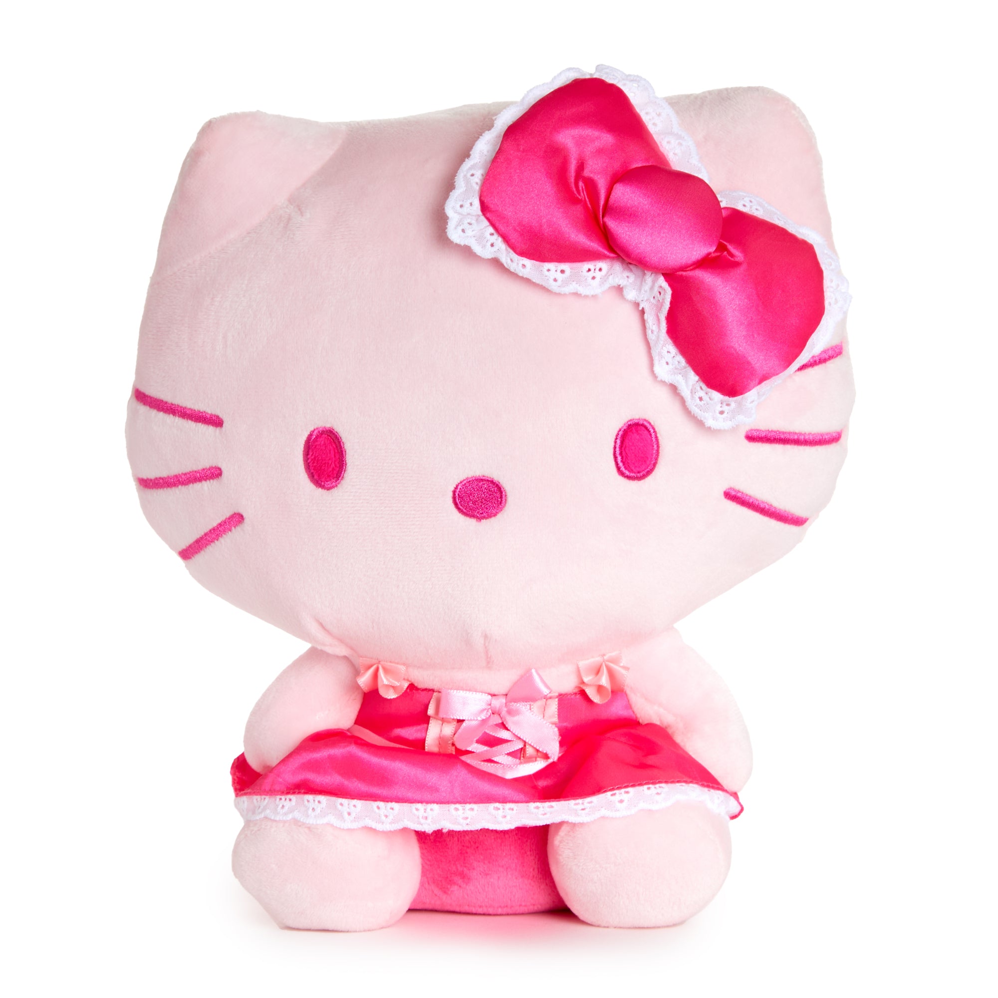 Front view of the big Hello Kitty plush with colorful ribbons.