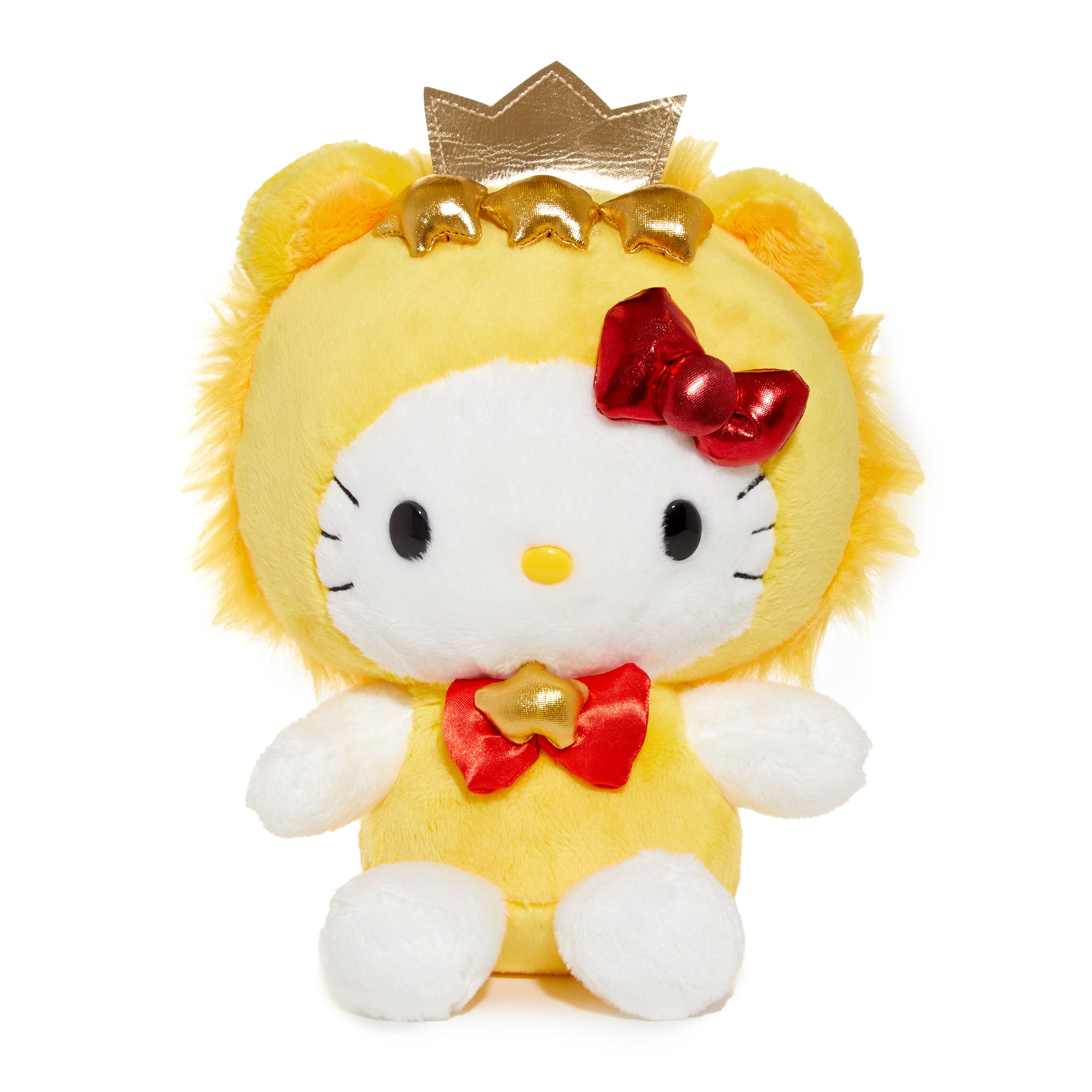 Front view of Hello Kitty Leo plush toy against astral backdrop