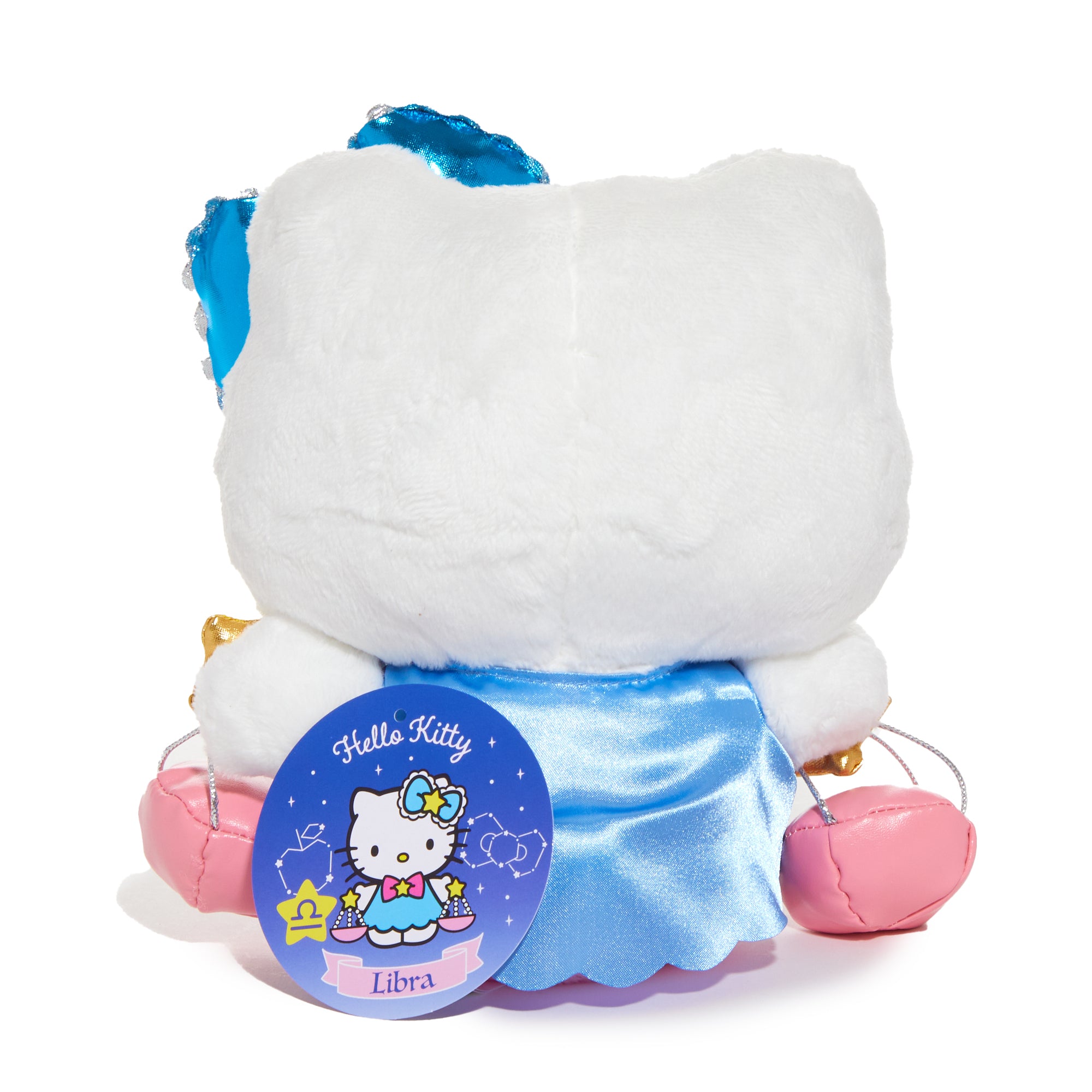 Side angle of the zodiac plush toy, soft textures and embroidered Libra motif