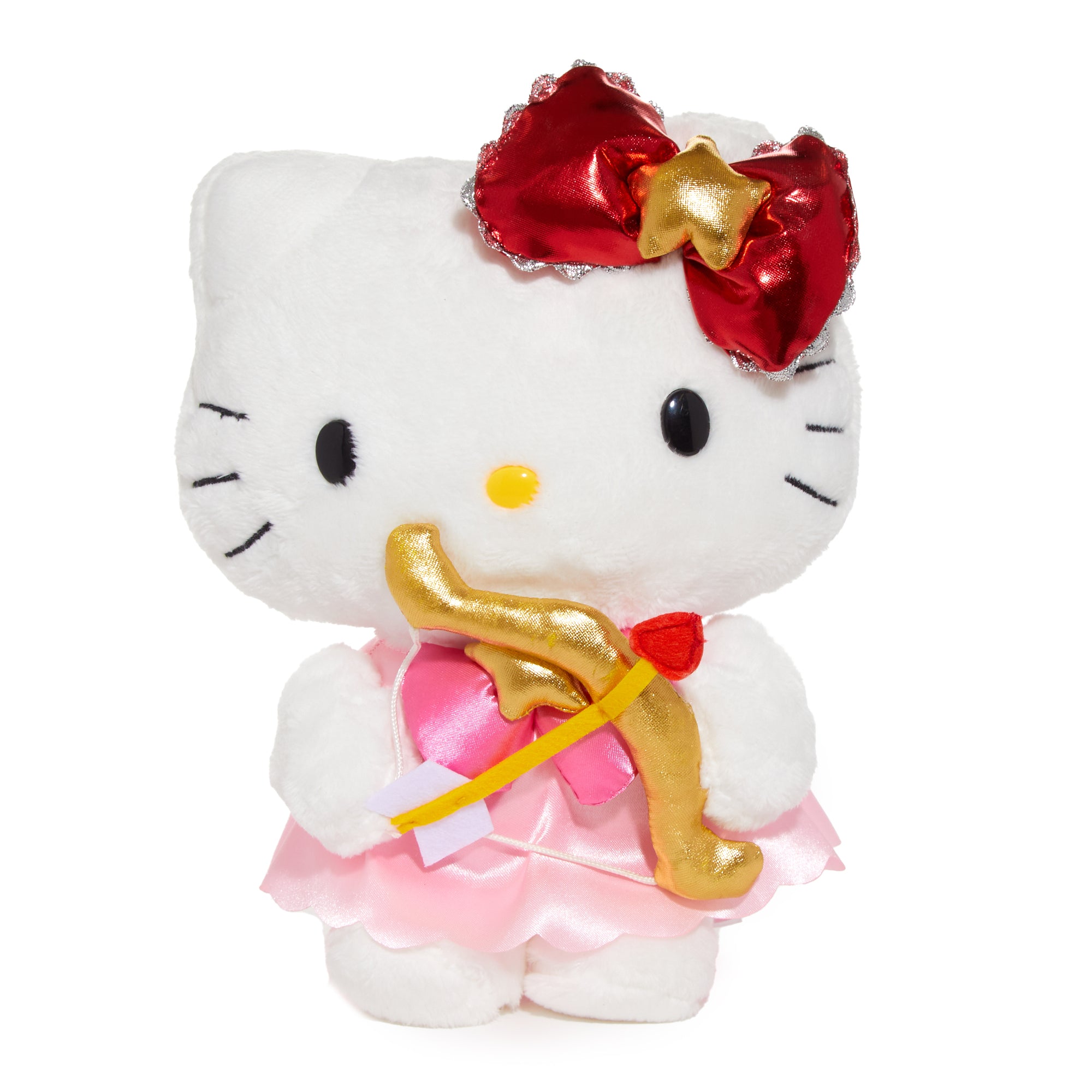 Hello Kitty Sagittarius plush displayed against starry backdrop, showcasing embroidered arrow details