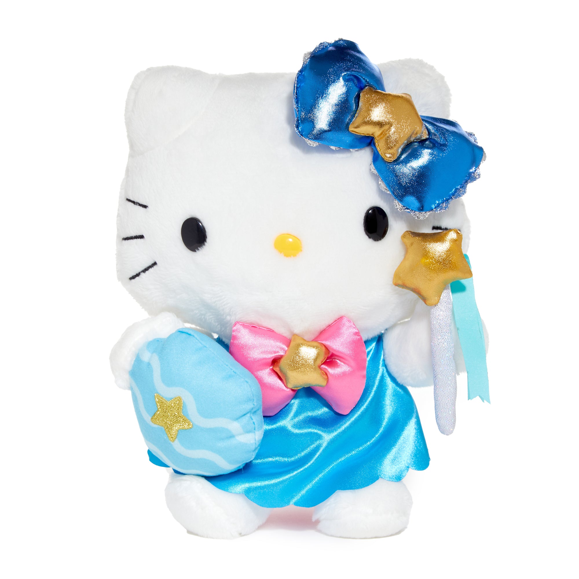 Close-up of Hello Kitty Aquarius plush showing embroidered zodiac symbol on chest