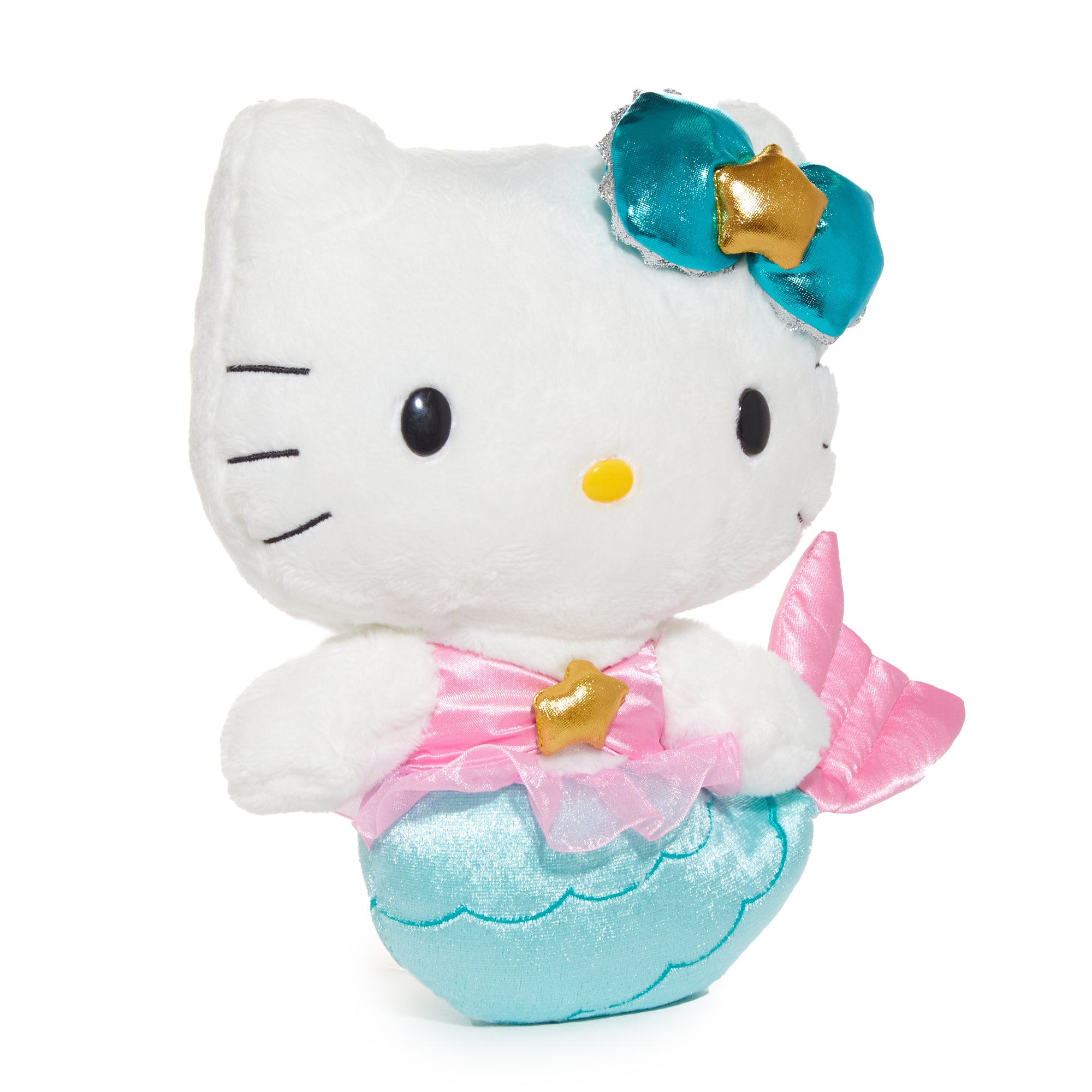 Front angle of Hello Kitty Pisces zodiac plush toy showing embroidered details