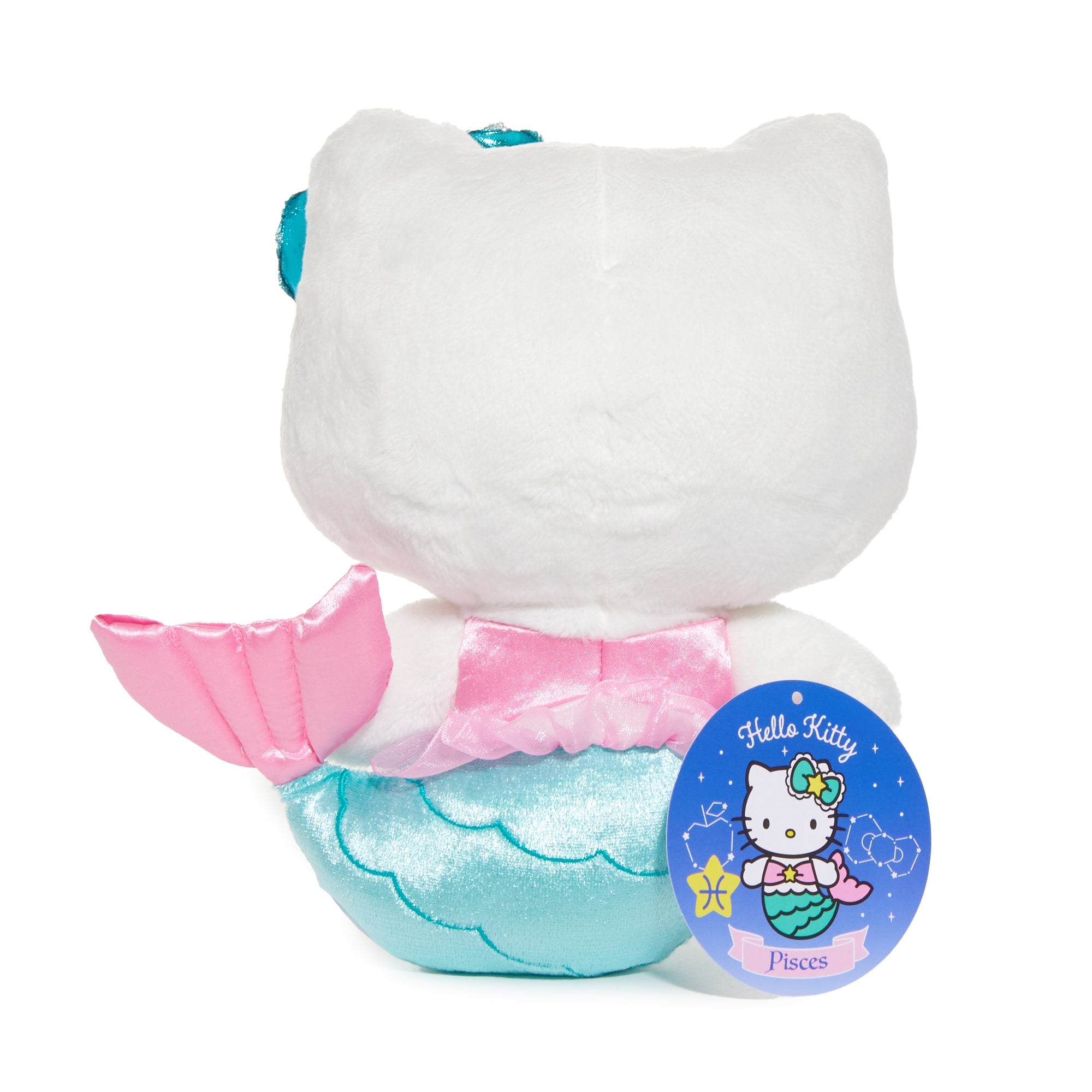 Front angle of Hello Kitty Pisces zodiac plush toy showing embroidered details