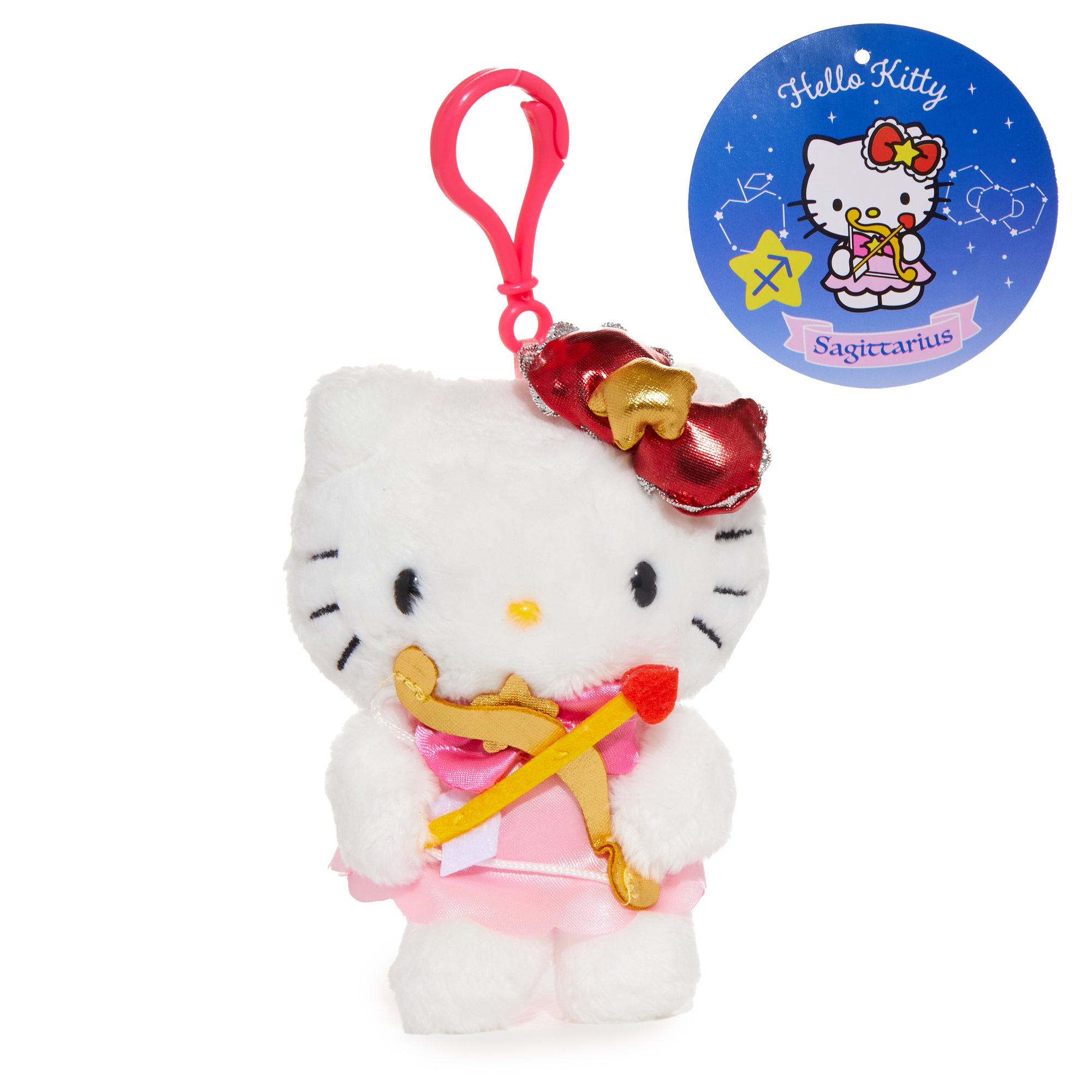 Front view of Hello Kitty Sagittarius plush clip on a colorful backpack.