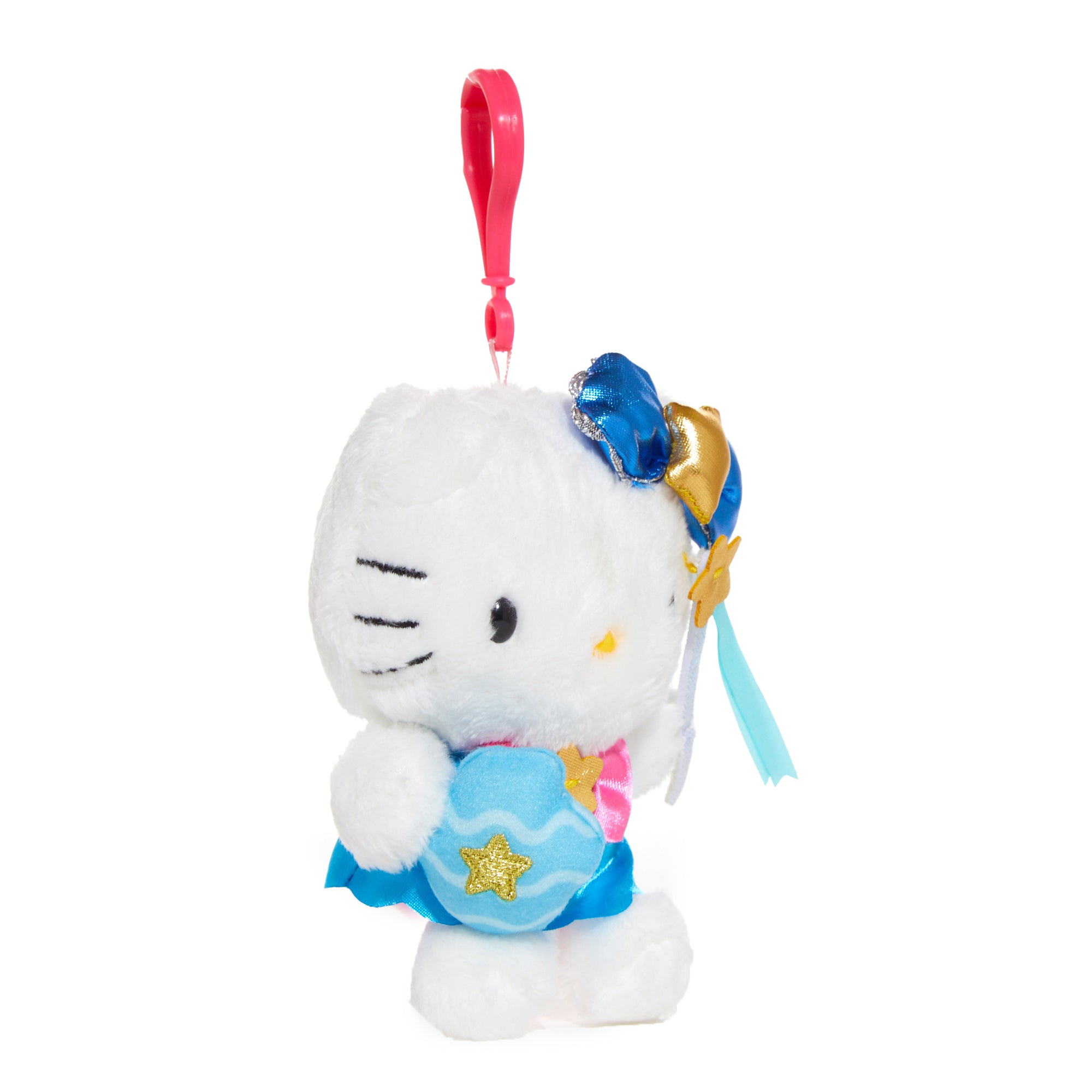 Hello Kitty Aquarius plush clip on a colorful backpack.