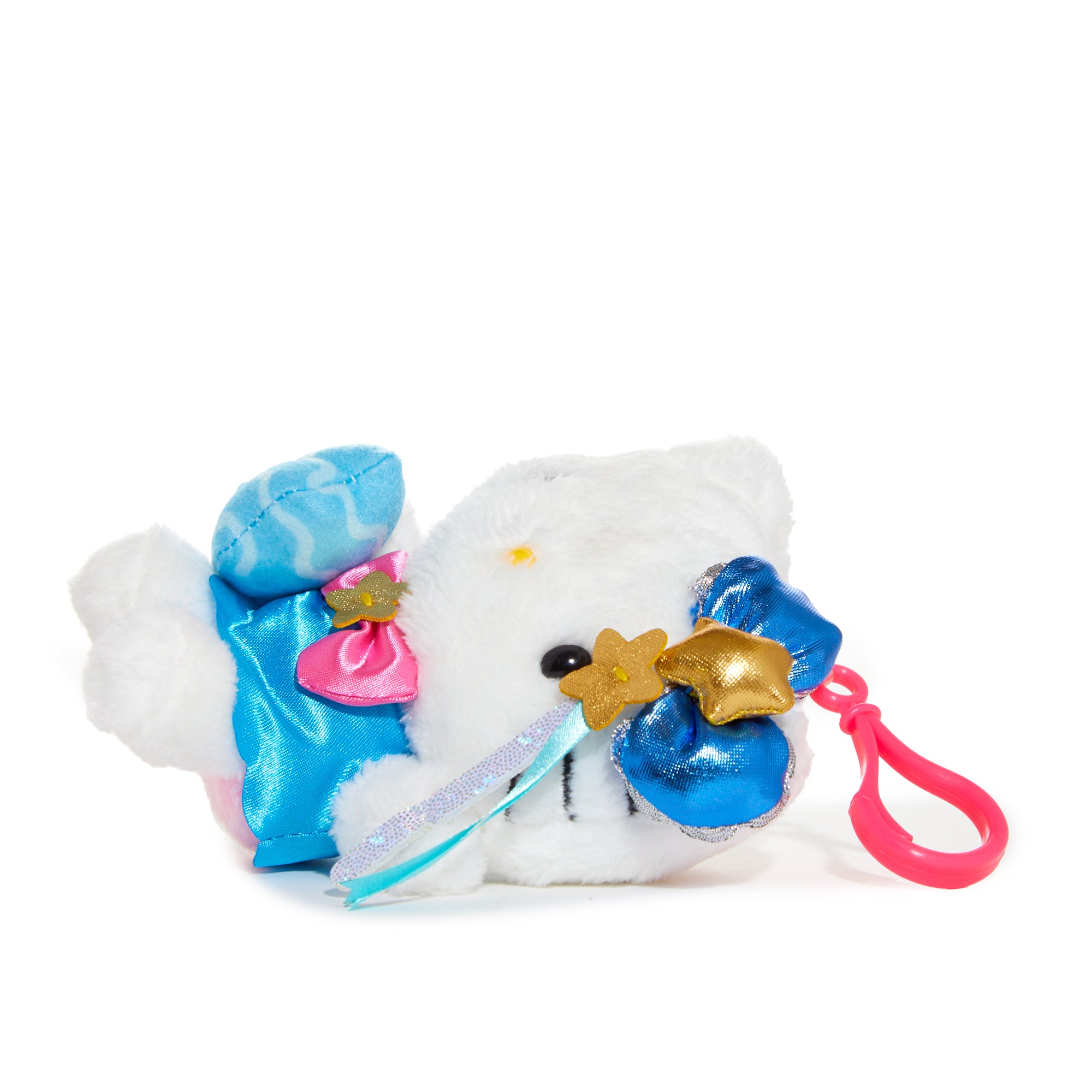 Hello Kitty Aquarius plush clip on a colorful backpack.