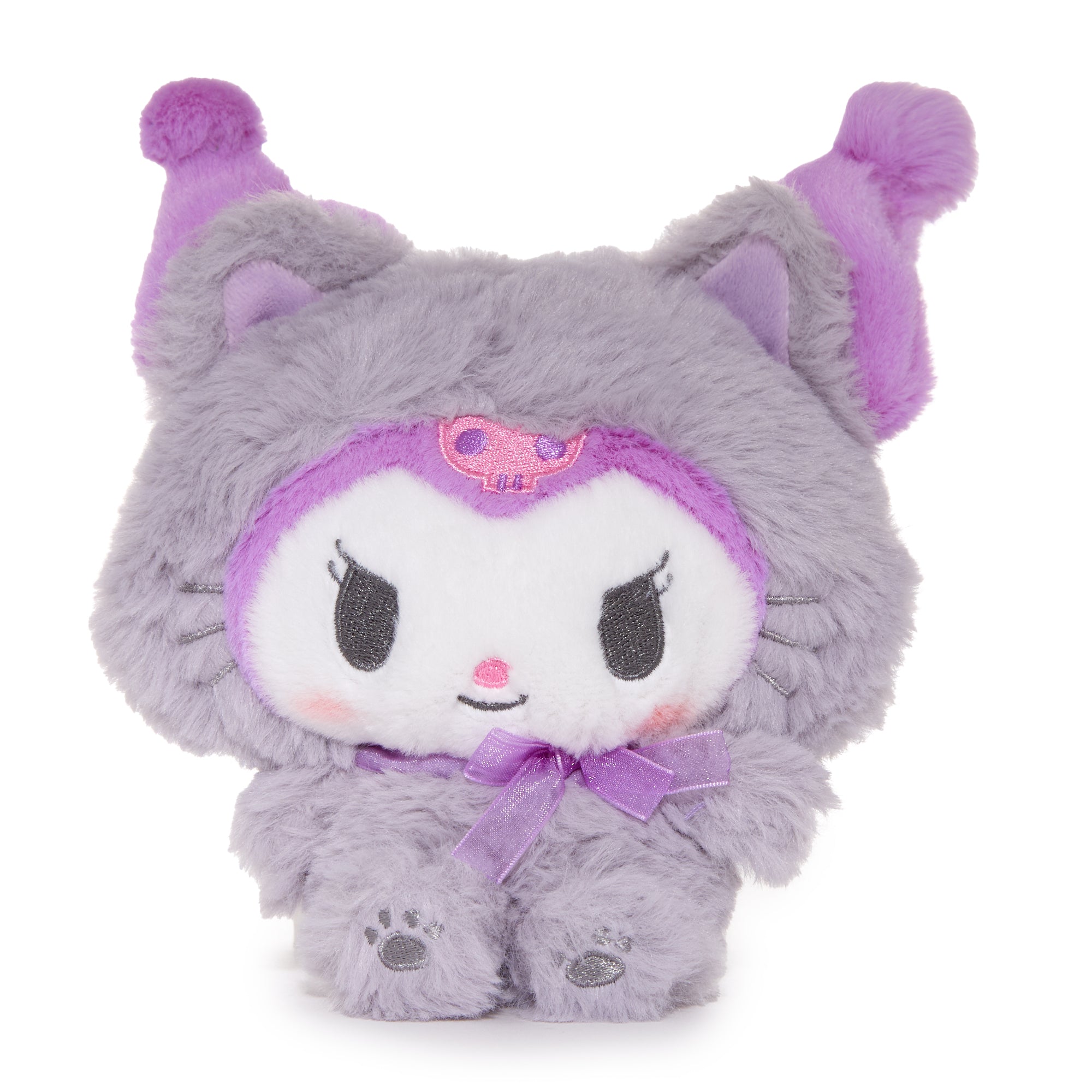 Adorable Kuromi plush toy dressed in a kitten costume, showcasing its cute features.