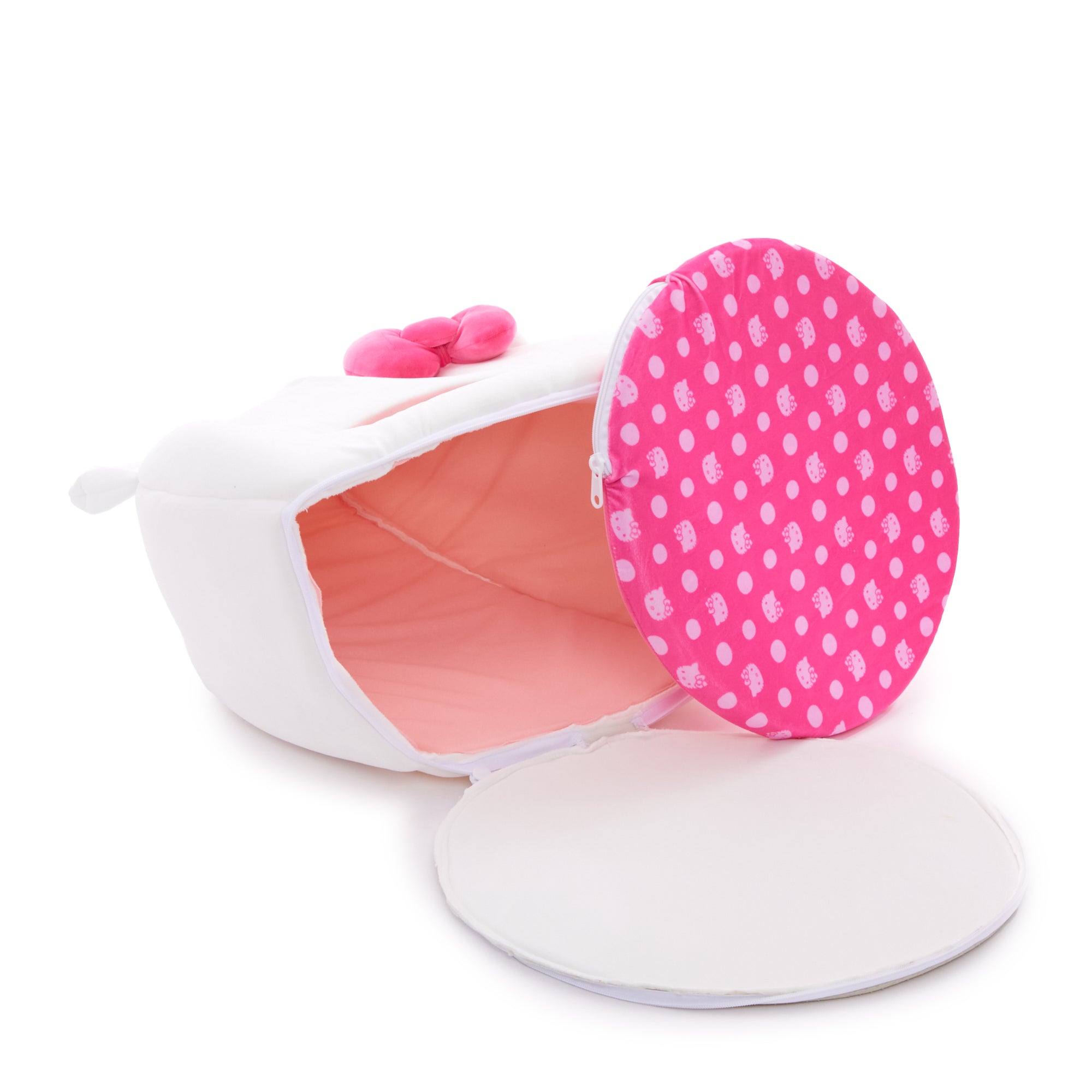 Cozy cat snuggled up inside Hello Kitty covered pet cave bed